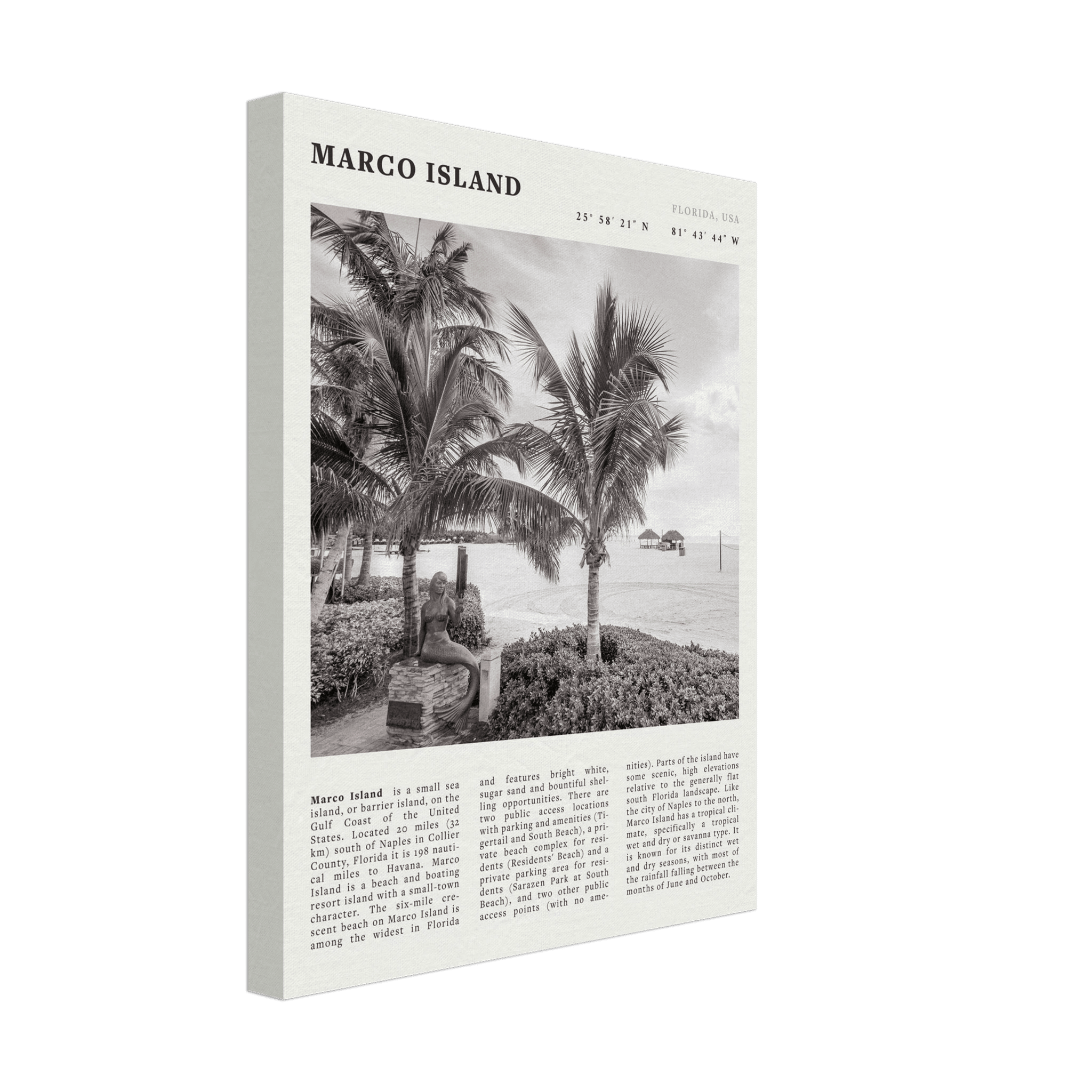Marco Island Poster | Black & White Florida Beach Wall Art | Coastal Travel Print - Evergreen Posters