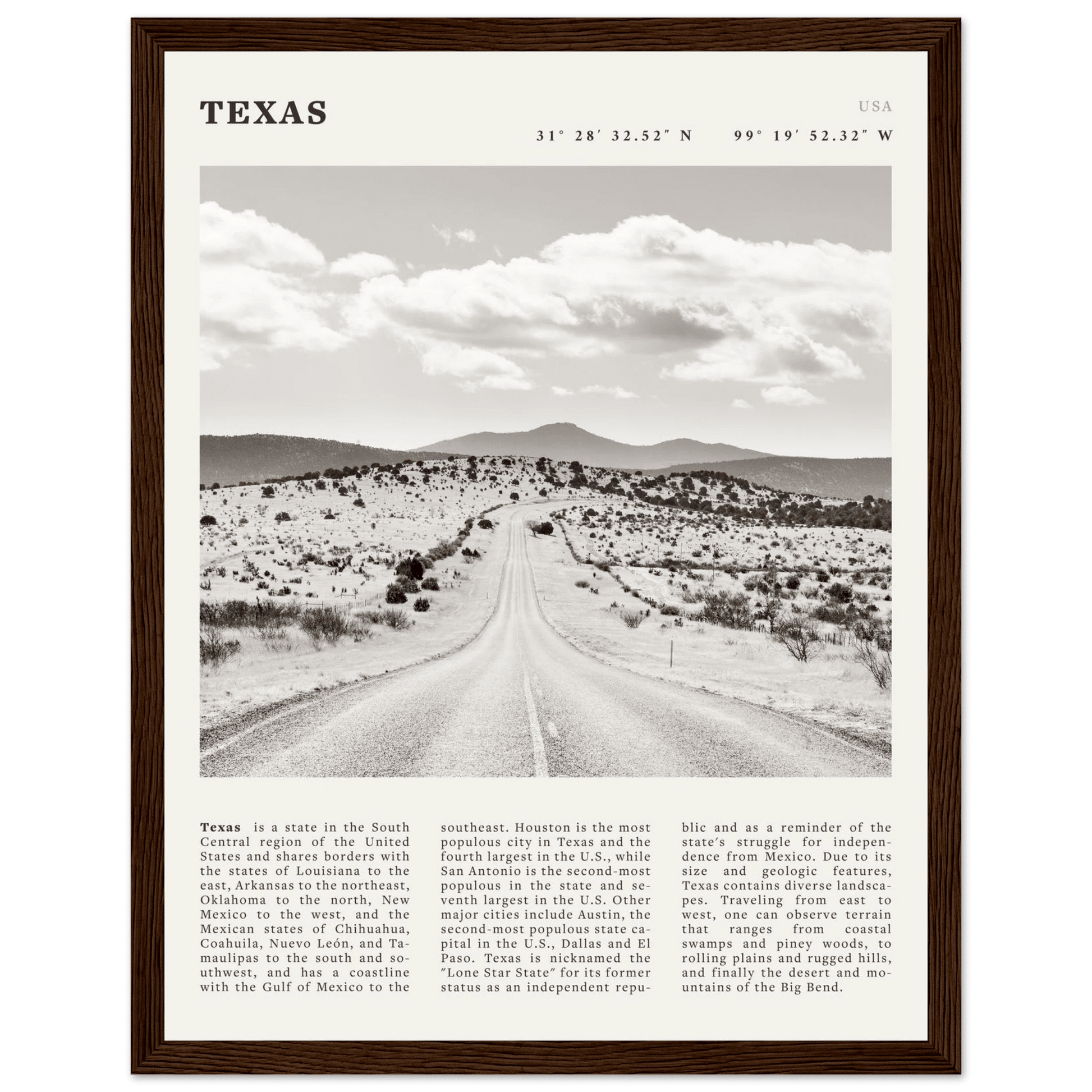 Texas Poster | Black & White Lone Star Road Wall Art | USA Travel Print Decor - Evergreen Posters