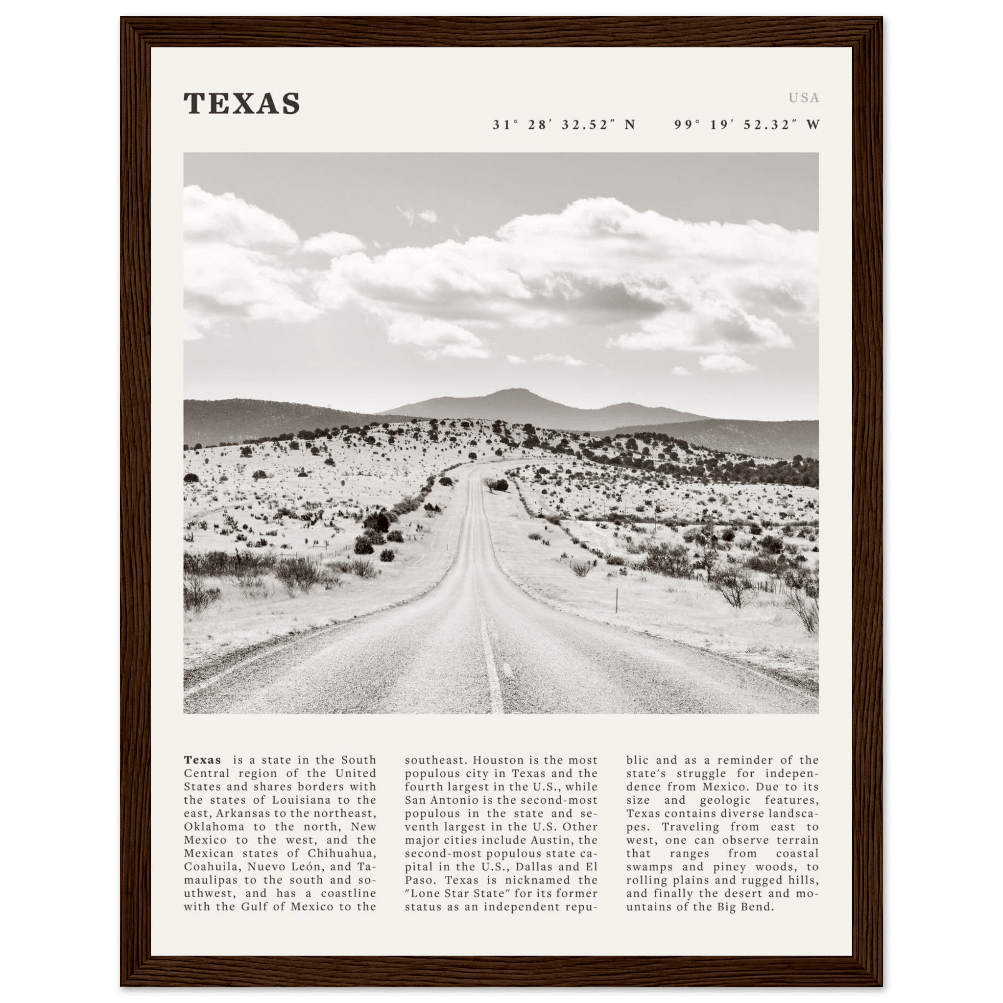 Texas Poster | Black & White Lone Star Road Wall Art | USA Travel Print Decor - Evergreen Posters