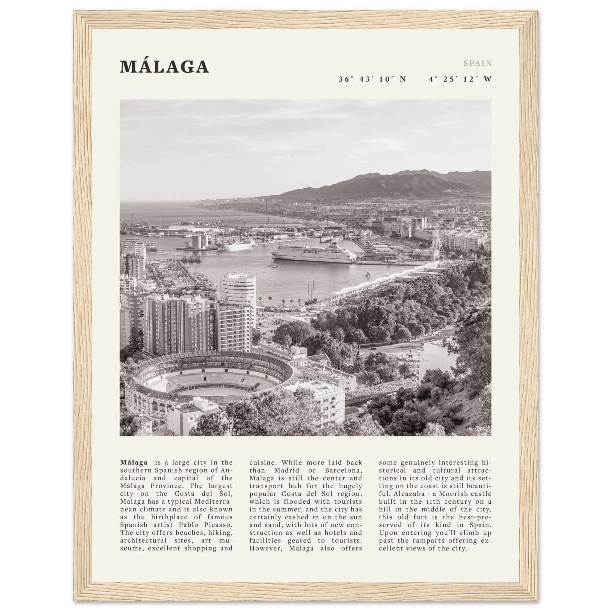 Málaga Poster | Black & White Costa del Sol Wall Art | Spain Travel Print - Evergreen Posters