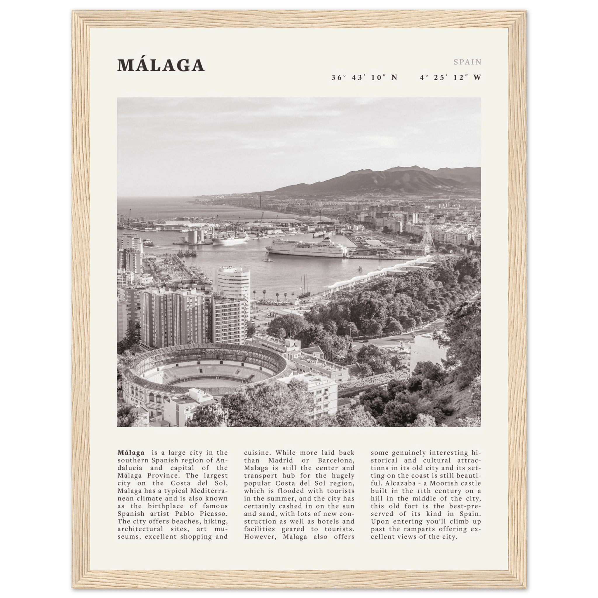 Málaga Poster | Black & White Costa del Sol Wall Art | Spain Travel Print - Evergreen Posters