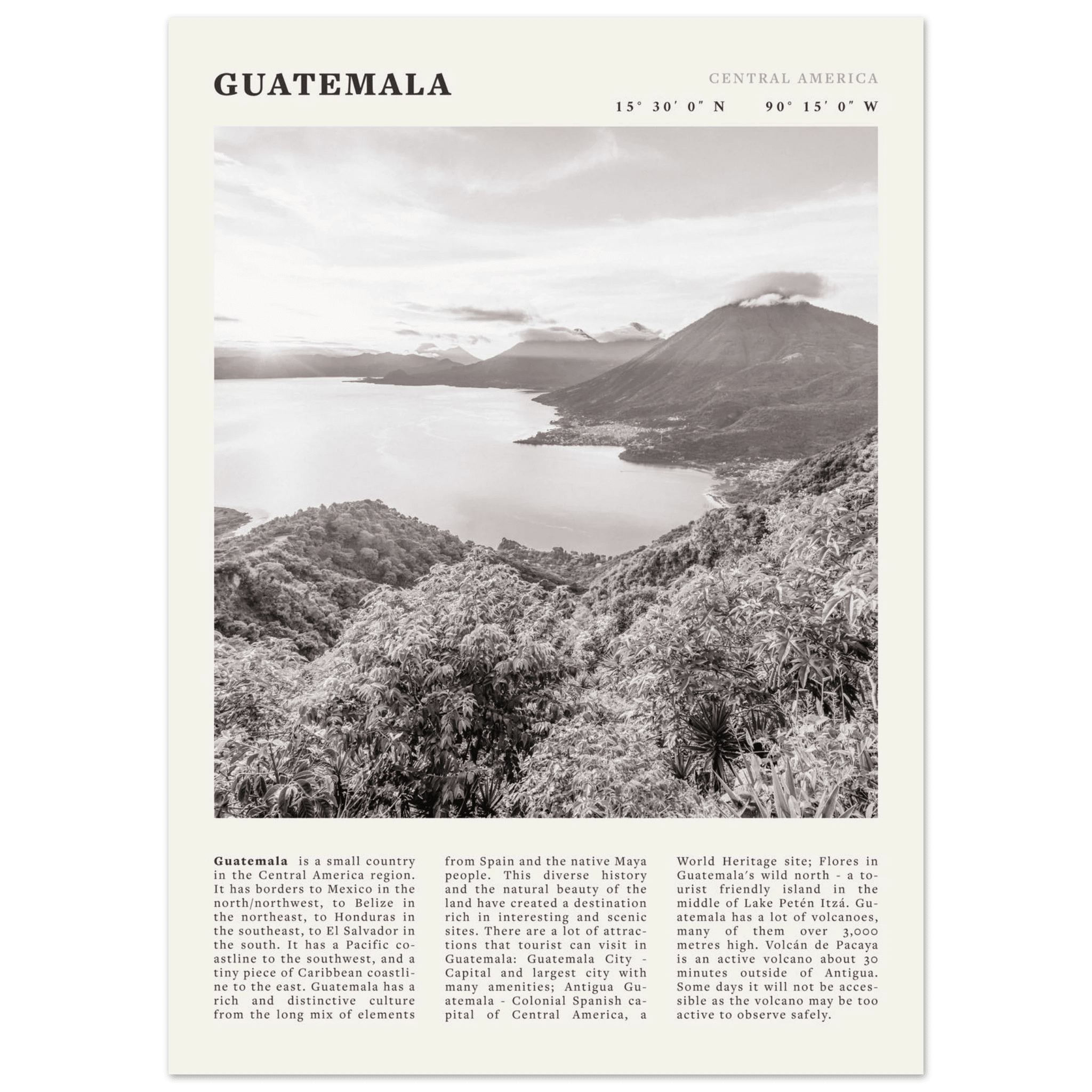 Guatemala Poster | Black & White Lake Atitlan Wall Art | Central America Travel Print - Evergreen Posters