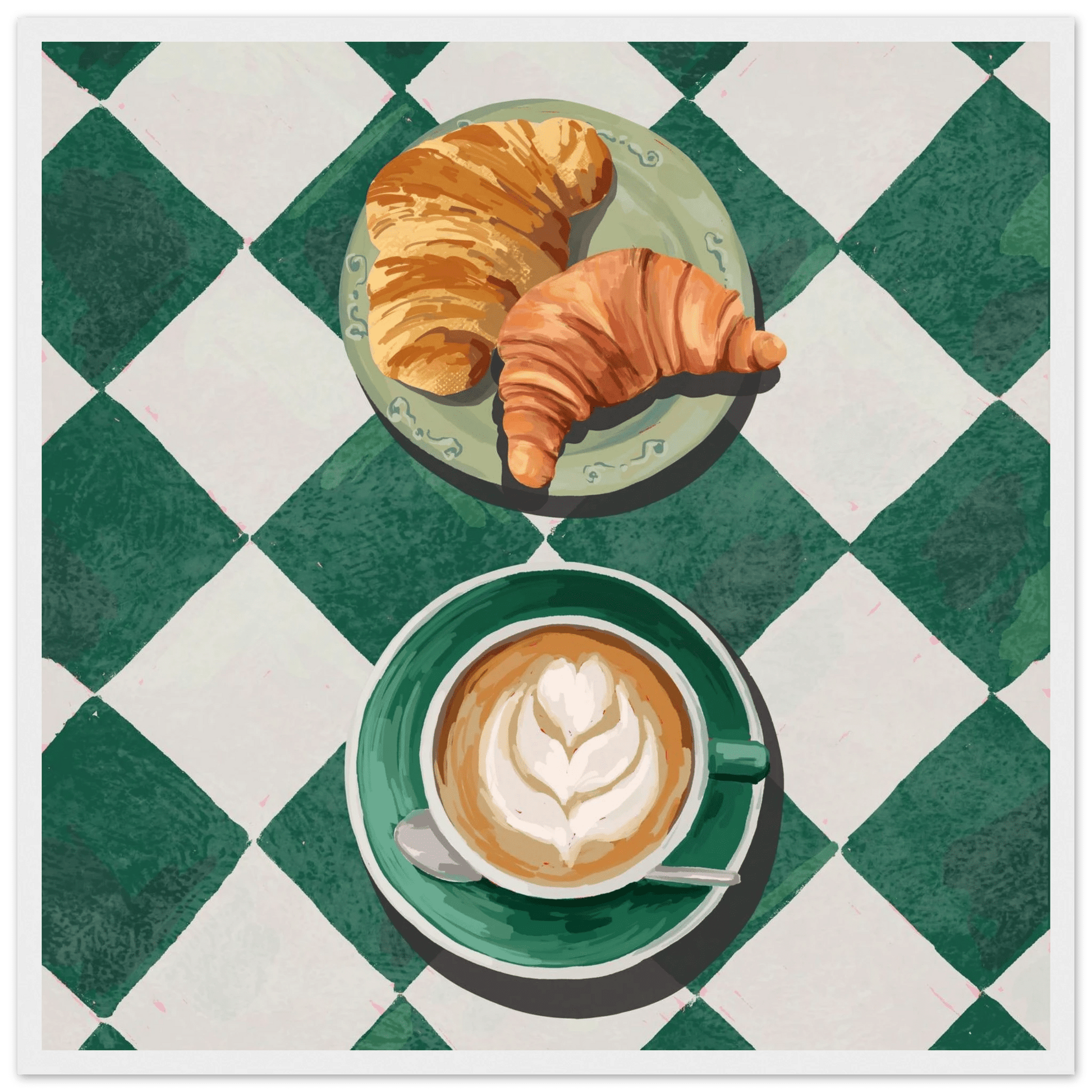 Croissant & Latte Poster | Classic Kitchen Wall Art | Green Tile Square Breakfast Print - Evergreen Posters - 21