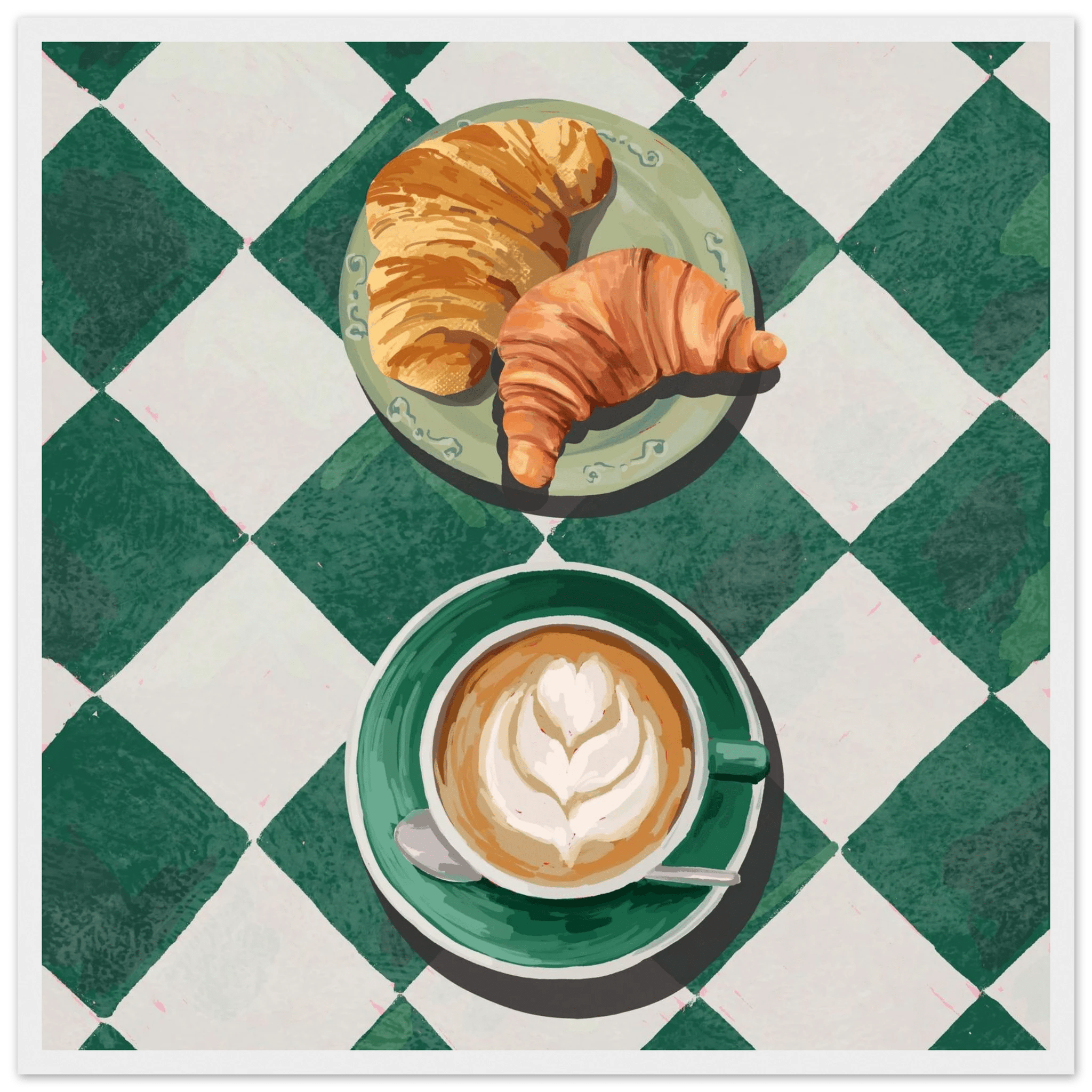 Croissant & Latte Poster | Classic Kitchen Wall Art | Green Tile Square Breakfast Print - Evergreen Posters - 21