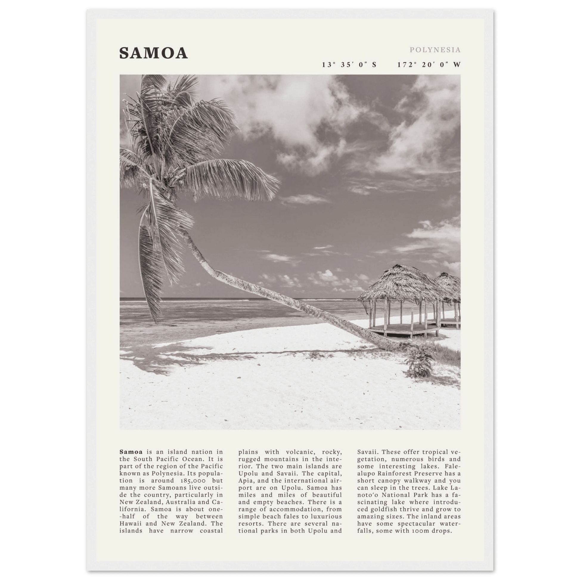 Samoa Poster | Black & White South Pacific Beach Wall Art | Polynesia Travel Print - Evergreen Posters