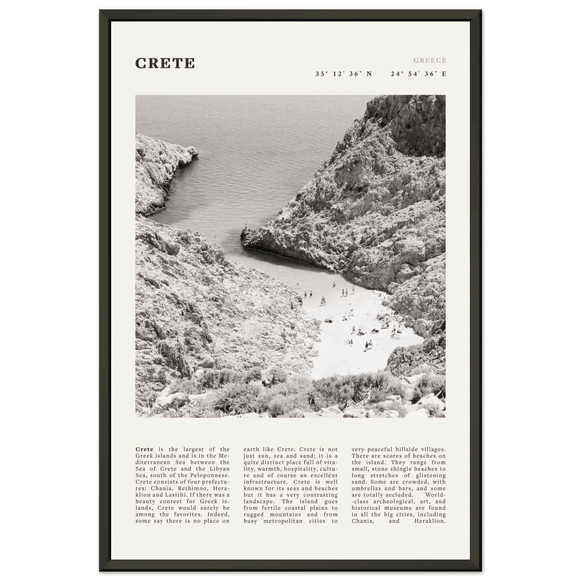 Crete Poster | Black & White Greece Beach Wall Art | Mediterranean Travel Print - Evergreen Posters