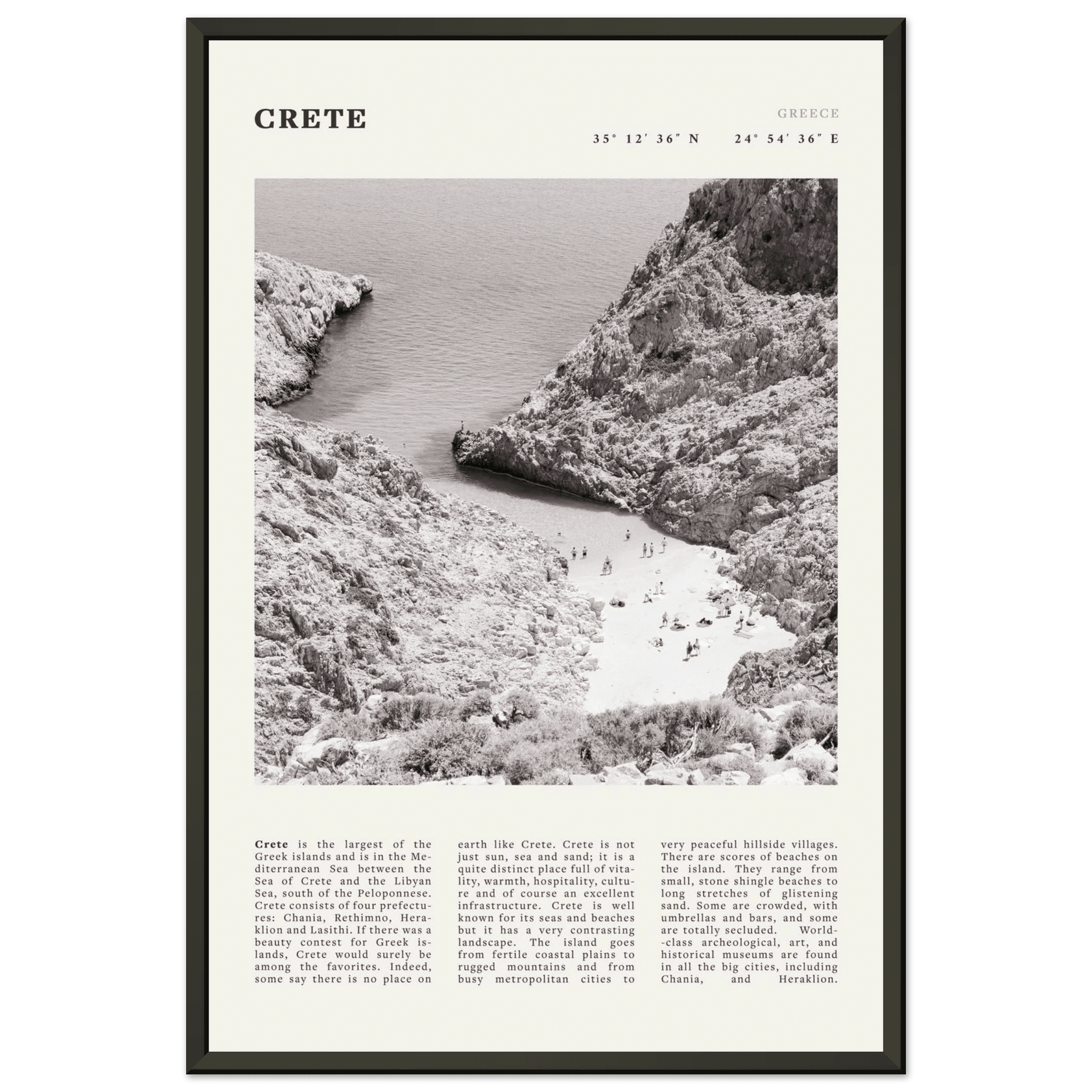 Crete Poster | Black & White Greece Beach Wall Art | Mediterranean Travel Print - Evergreen Posters