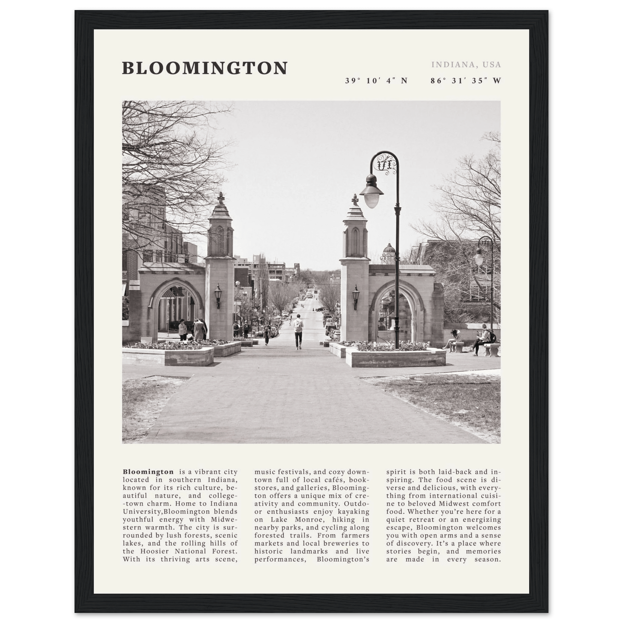 Bloomington Indiana Black and White Vintage Poster - Evergreen Posters