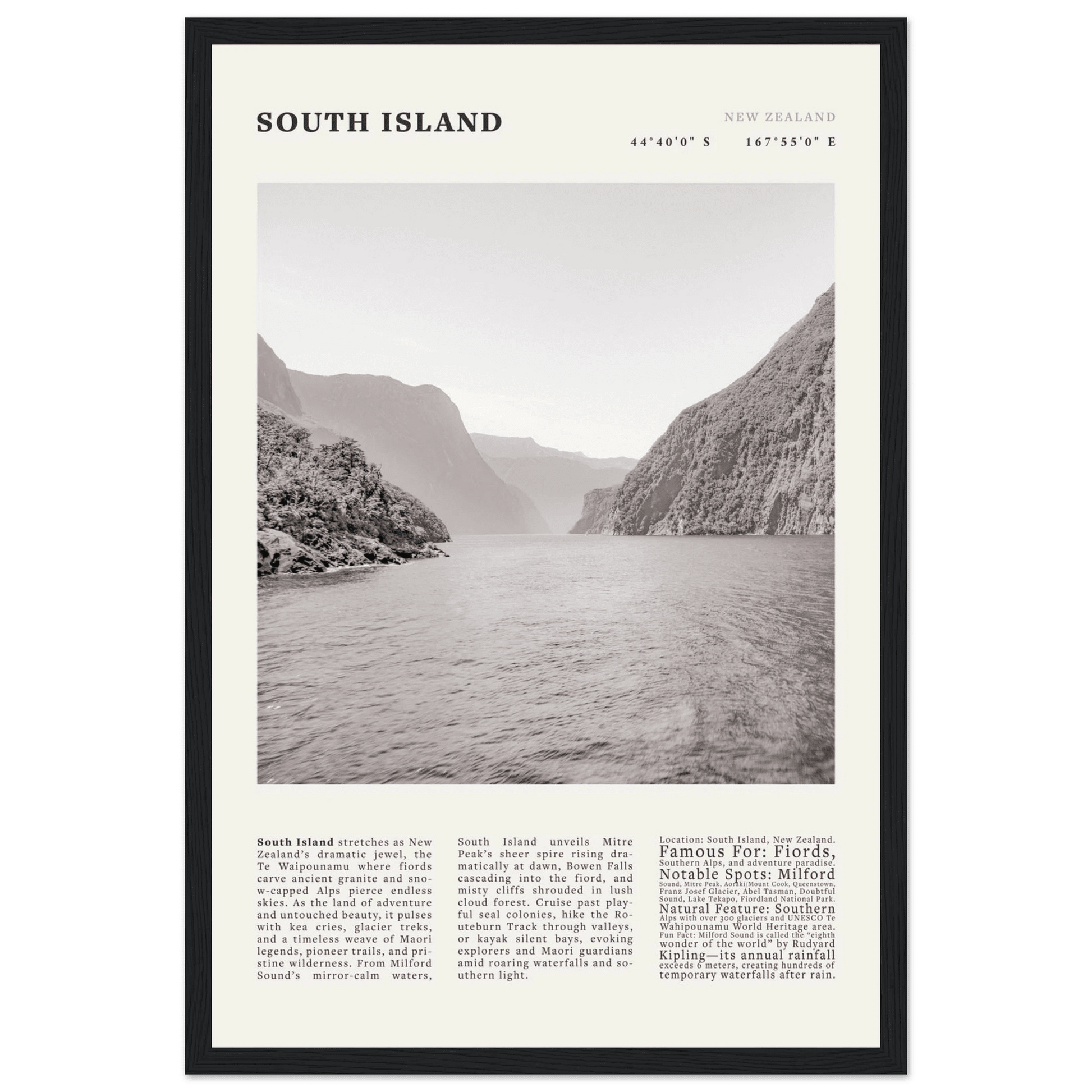 South Island New Zealand Poster Black and White – Vintage Milford Sound Fjord Print - Evergreen Posters