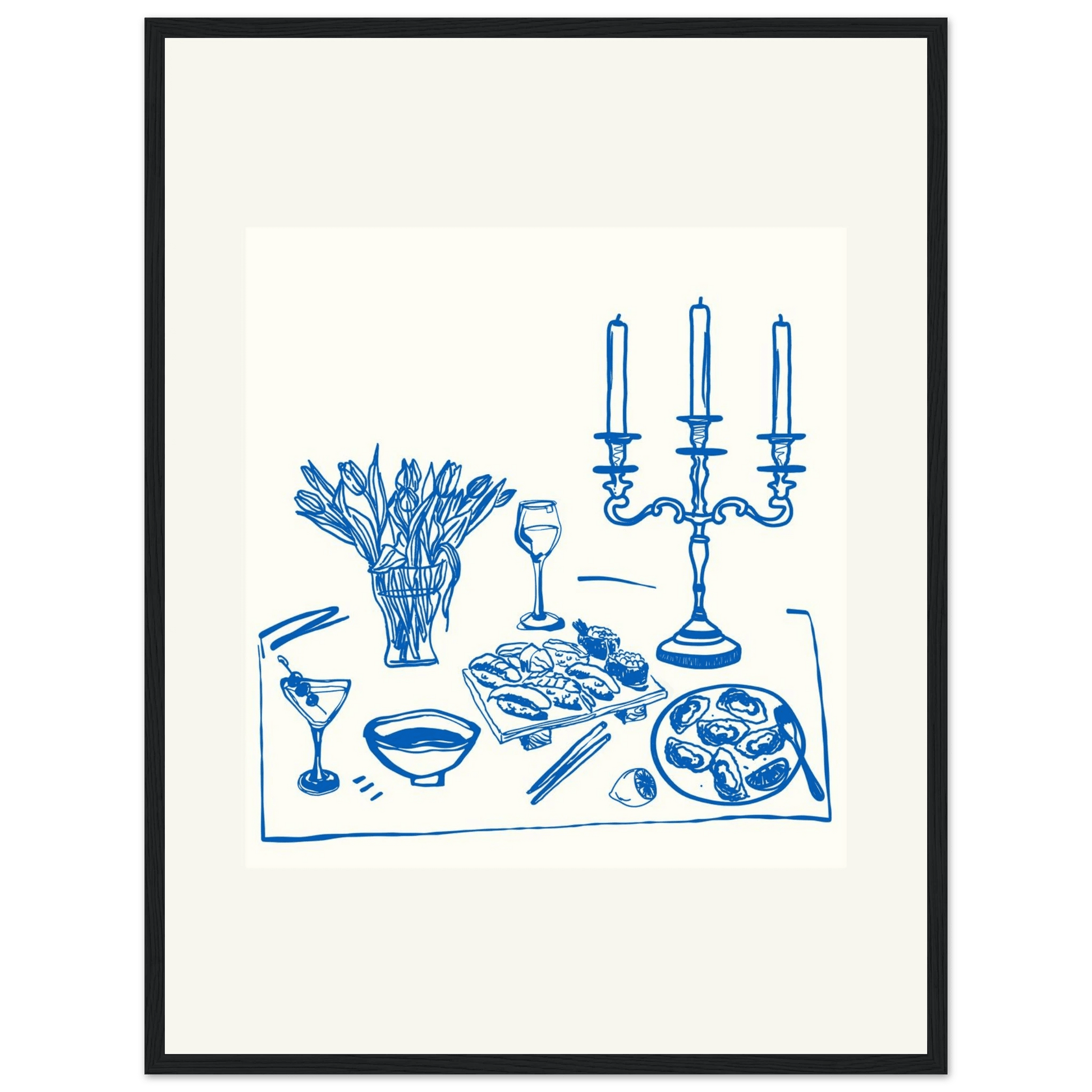 Fine Dining Table Print | Blue Line Art Kitchen Wall Art | Elegant Dining Room Poster - Evergreen Posters