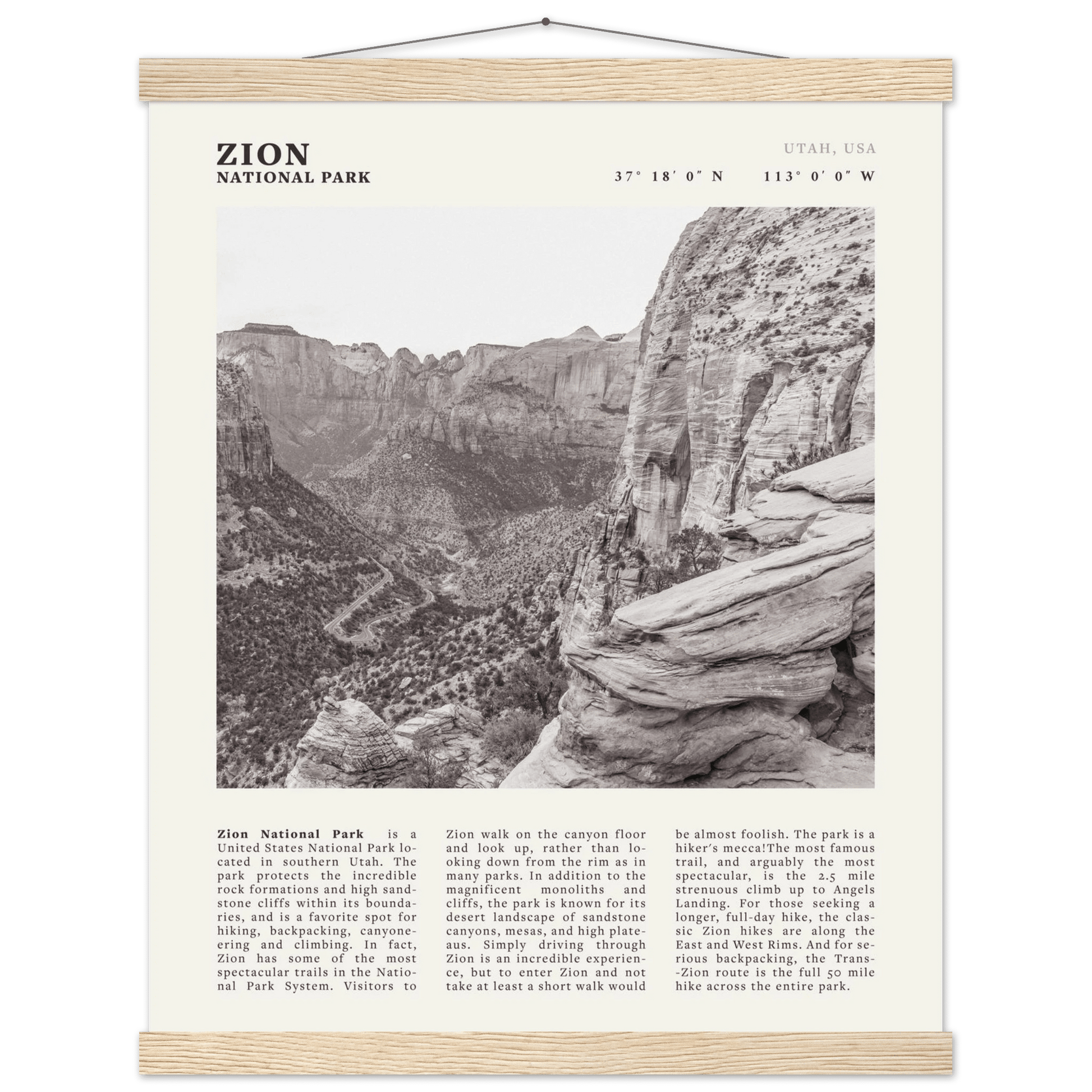 Zion National Park Poster | Black & White Utah Canyon Wall Art | USA Travel Print - Evergreen Posters