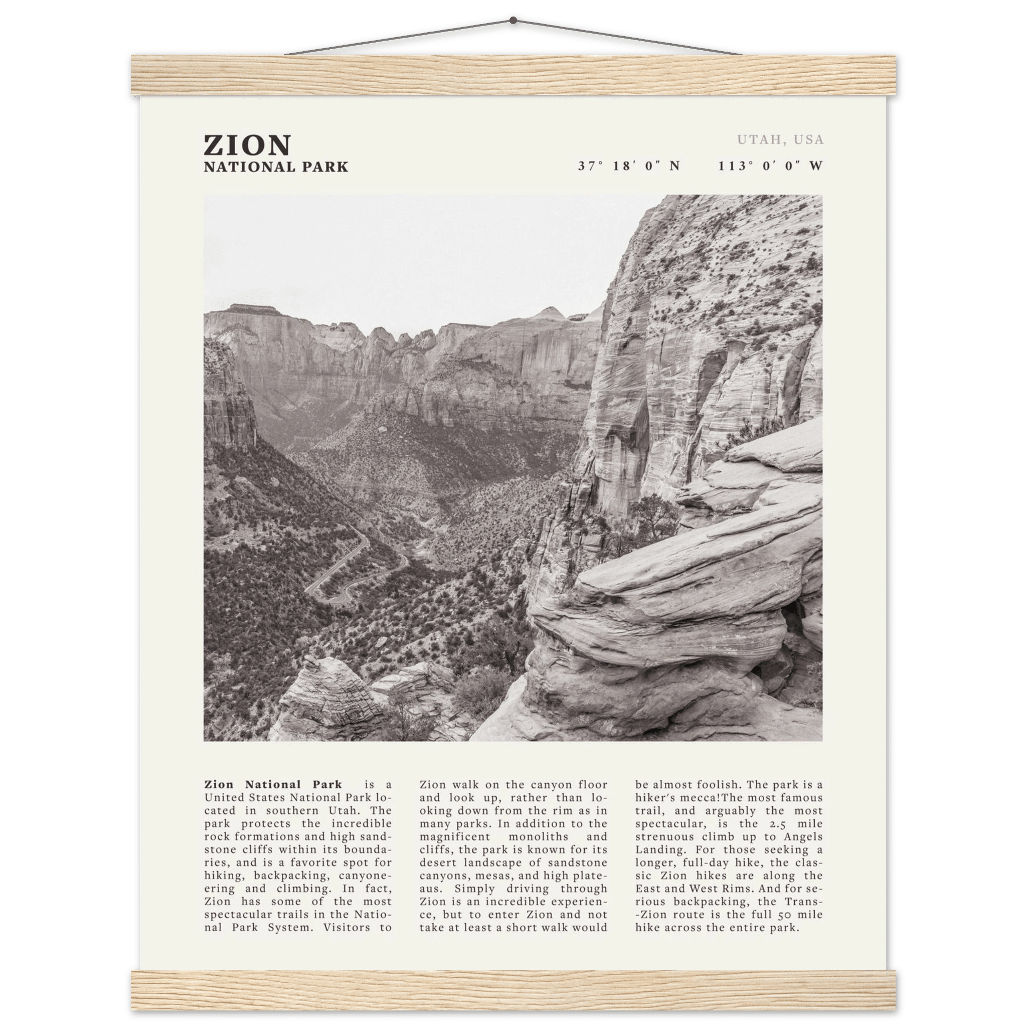 Zion National Park Poster | Black & White Utah Canyon Wall Art | USA Travel Print - Evergreen Posters