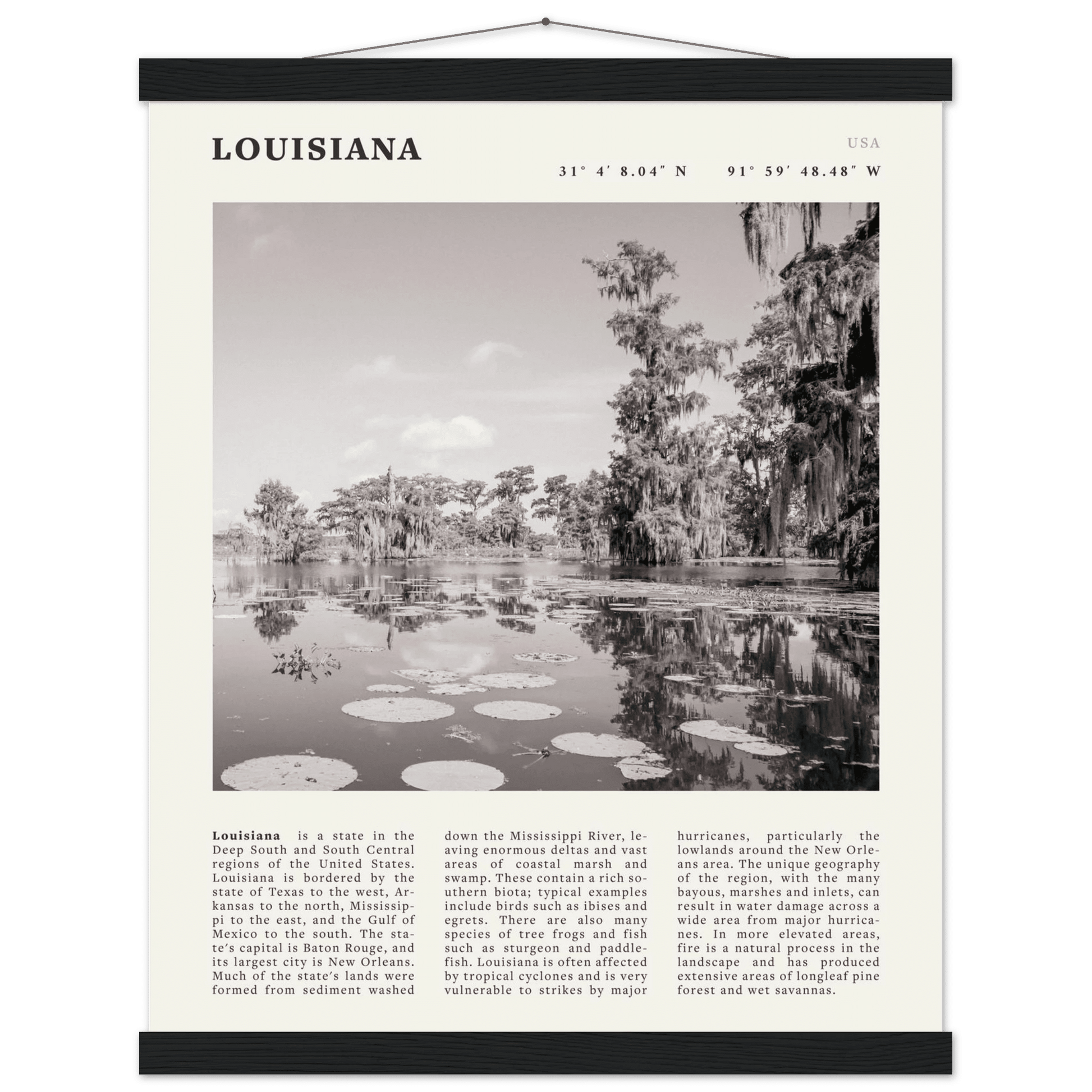 Louisiana Poster | Black & White Bayou Wall Art | Southern USA Travel Print Decor - Evergreen Posters
