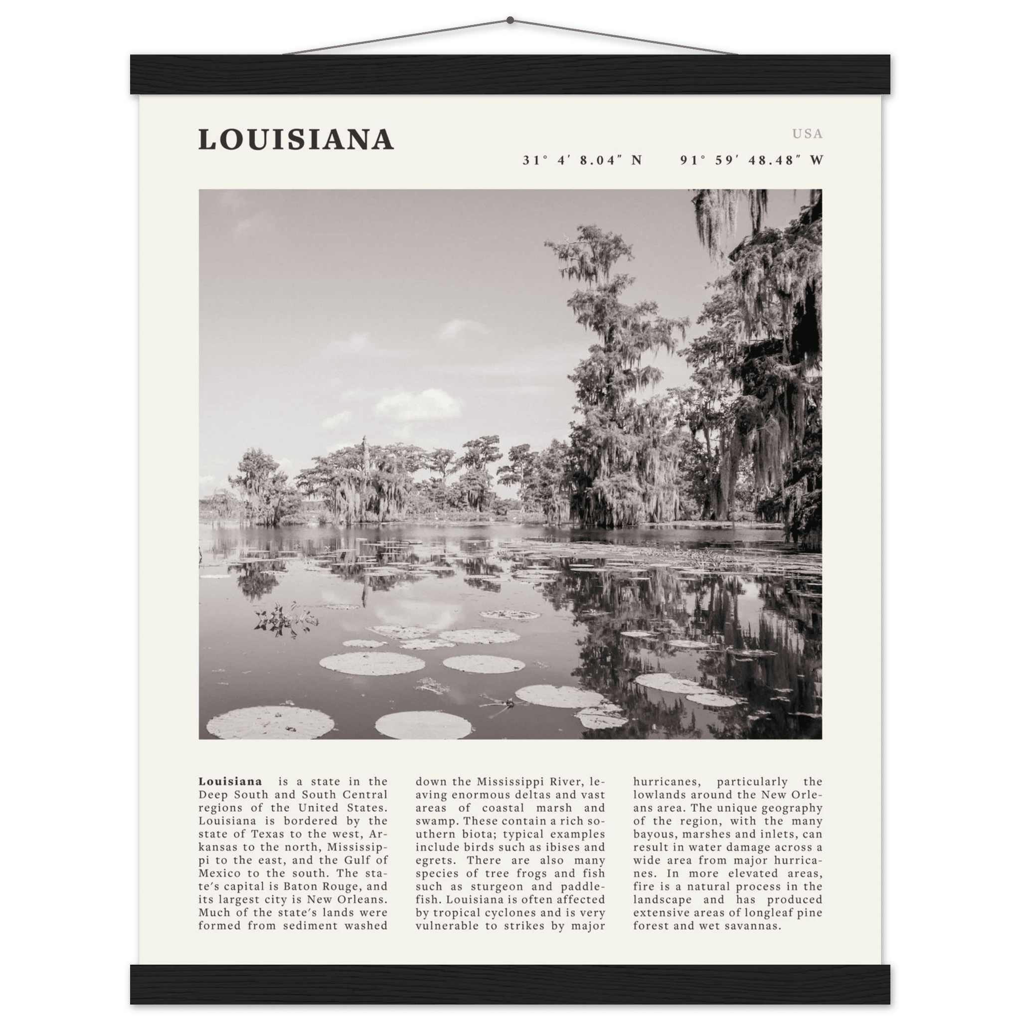 Louisiana Poster | Black & White Bayou Wall Art | Southern USA Travel Print Decor - Evergreen Posters