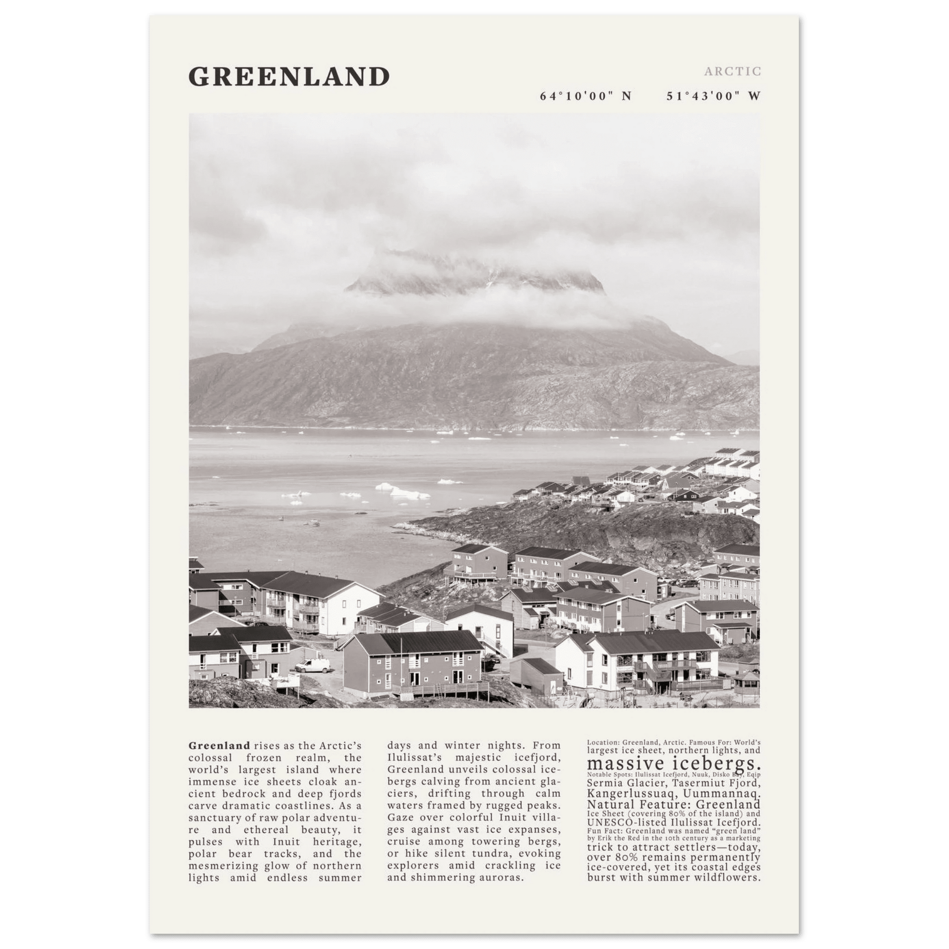 Greenland Poster Black and White – Vintage Arctic Fjord Landscape Print (Digital & Printed Options) - Evergreen Posters