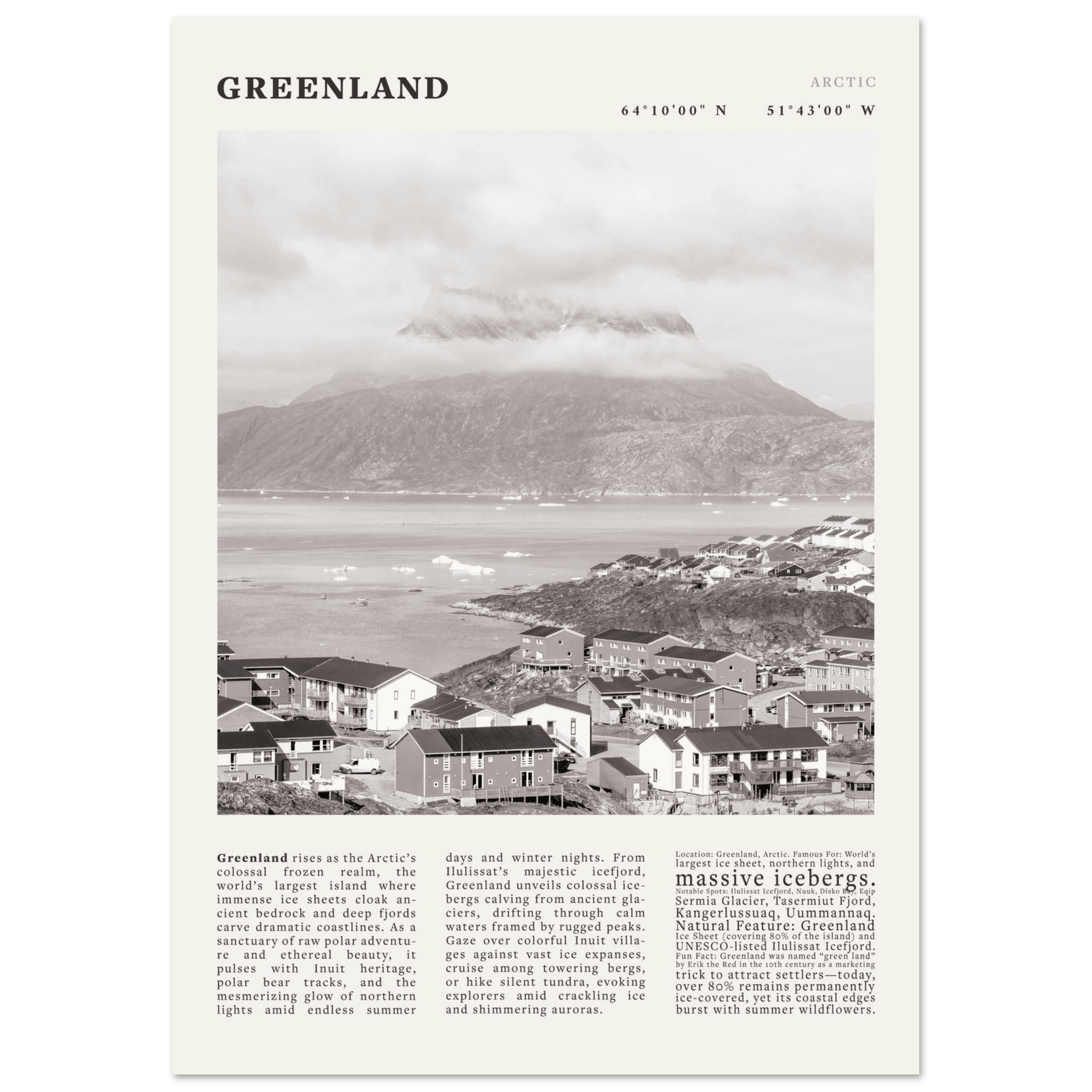 Greenland Poster Black and White – Vintage Arctic Fjord Landscape Print (Digital & Printed Options) - Evergreen Posters
