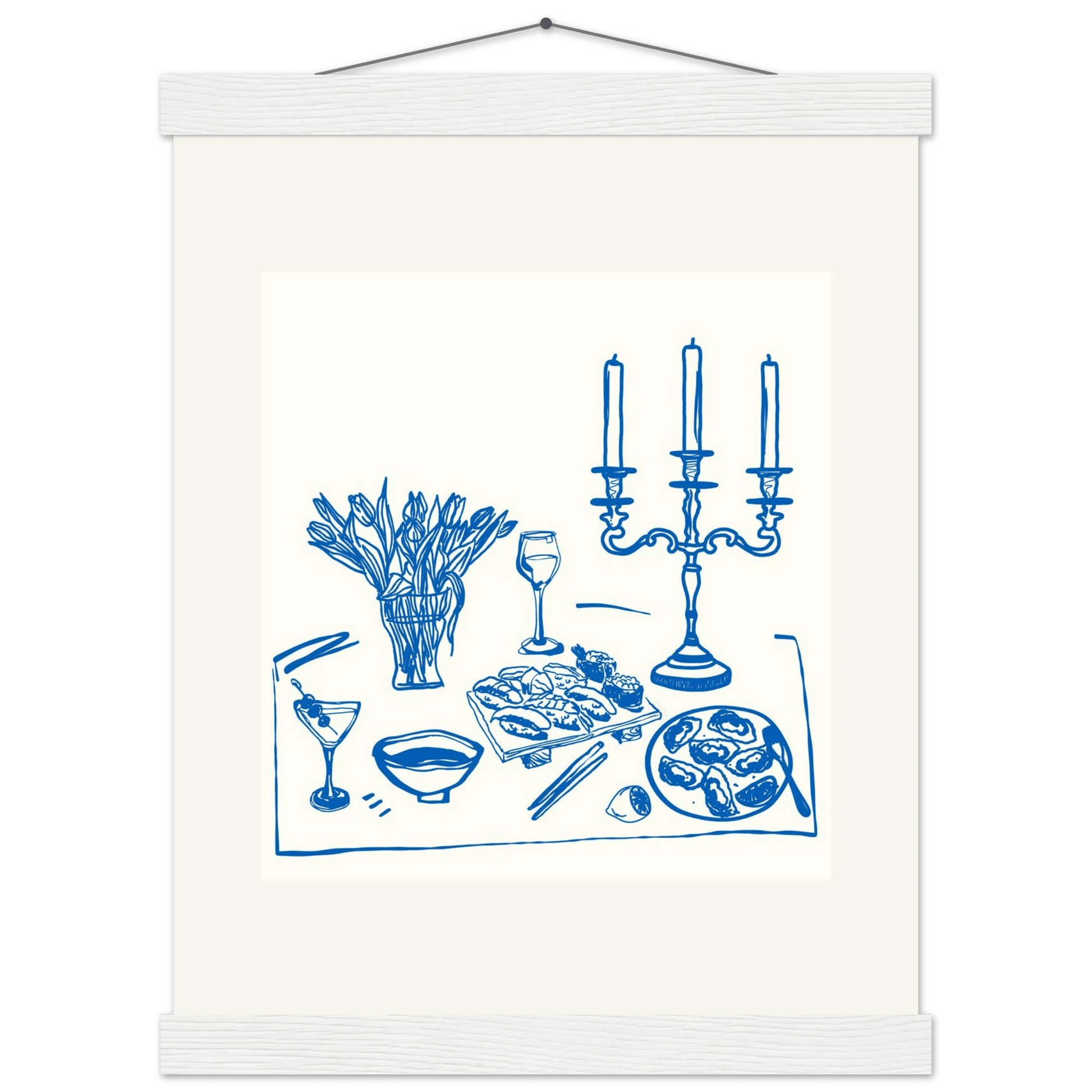 Fine Dining Table Print | Blue Line Art Kitchen Wall Art | Elegant Dining Room Poster - Evergreen Posters