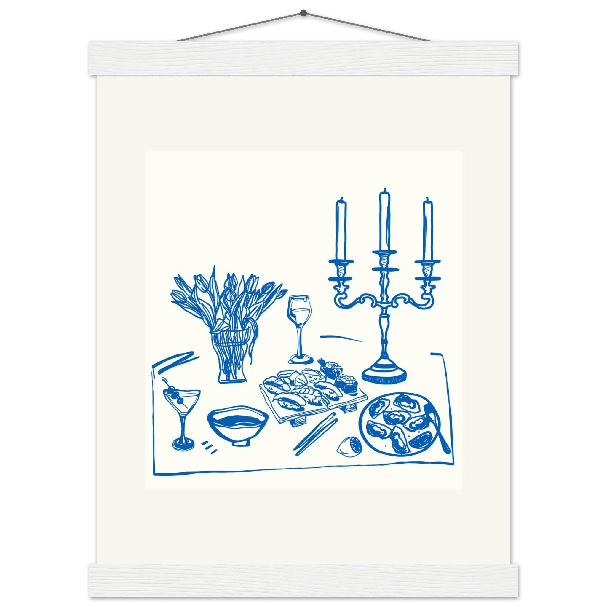 Fine Dining Table Print | Blue Line Art Kitchen Wall Art | Elegant Dining Room Poster - Evergreen Posters