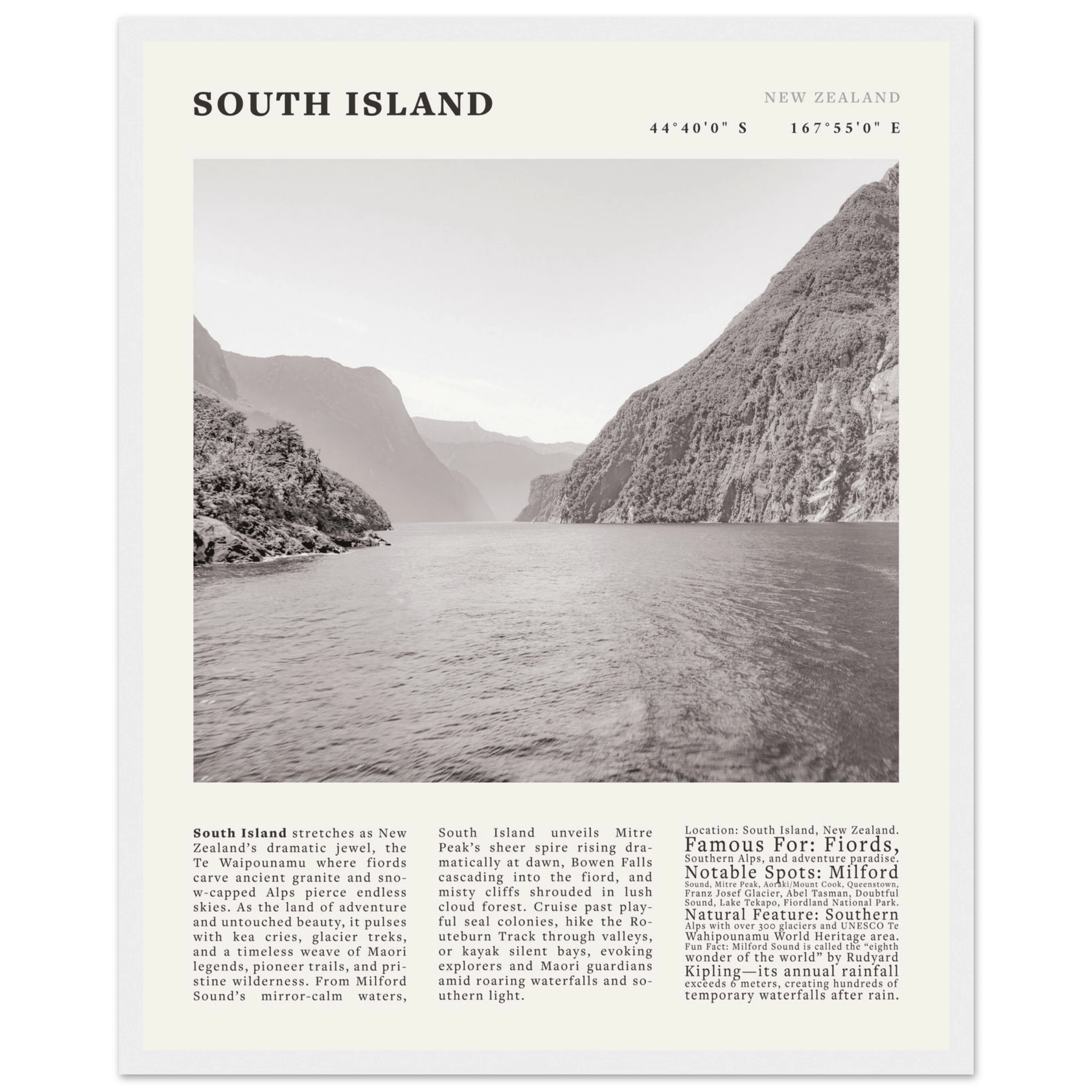 South Island New Zealand Poster Black and White – Vintage Milford Sound Fjord Print - Evergreen Posters