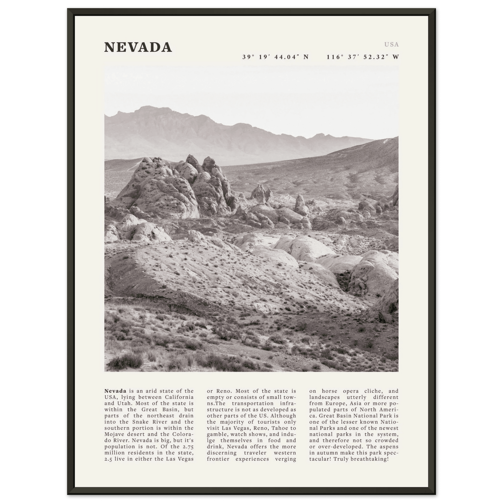 Nevada Poster | Black & White Desert Landscape Wall Art | USA Travel Print Decor - Evergreen Posters
