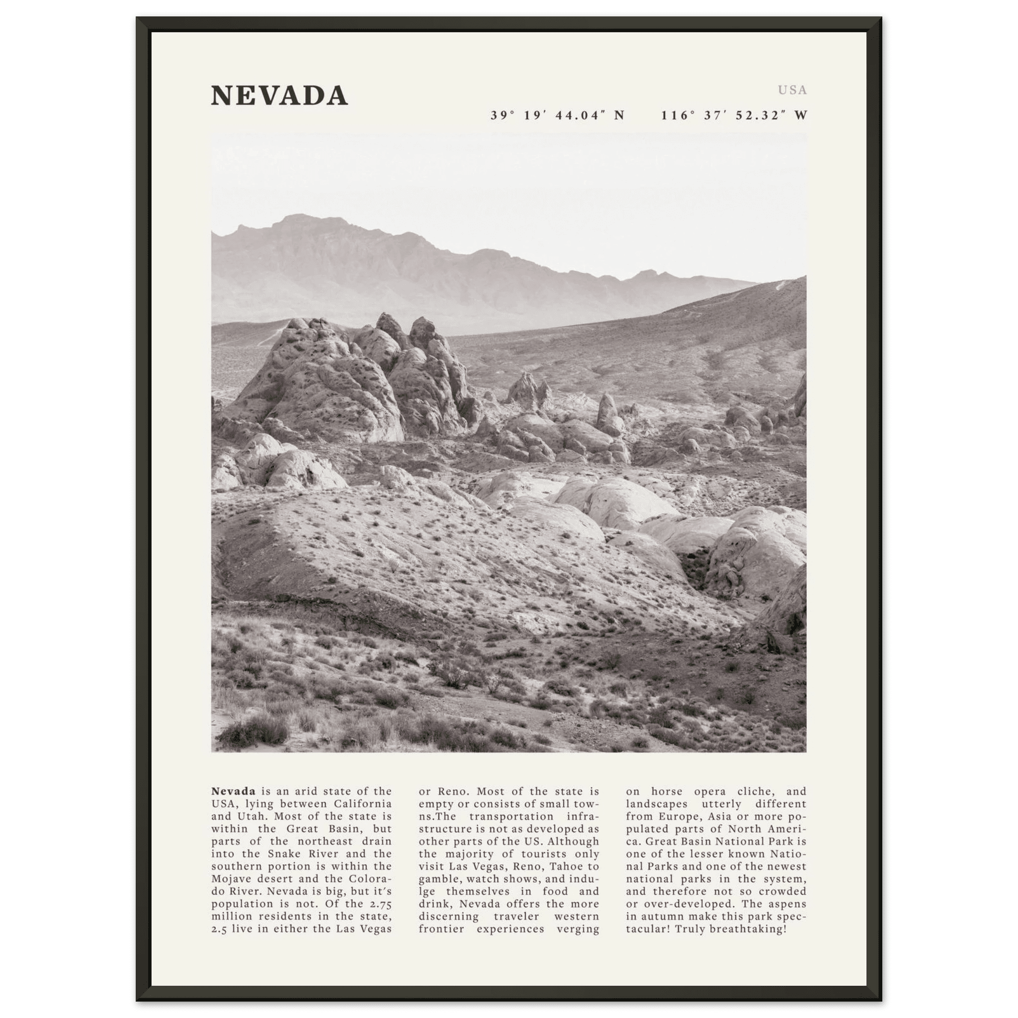 Nevada Poster | Black & White Desert Landscape Wall Art | USA Travel Print Decor - Evergreen Posters