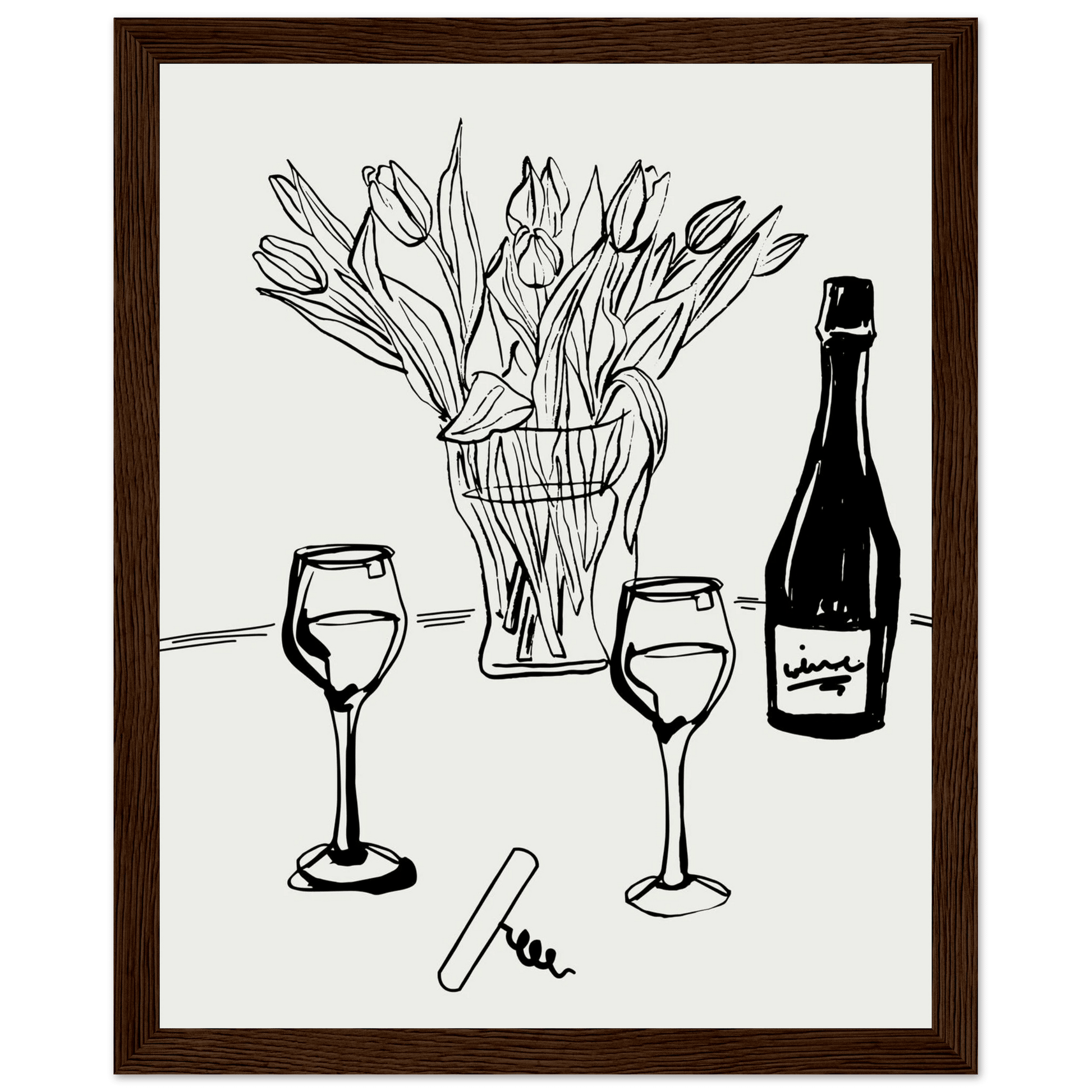 Wine & Tulips Print | Black Line Art Wine Bottle Wall Art | Minimalist Kitchen Poster - Evergreen Posters