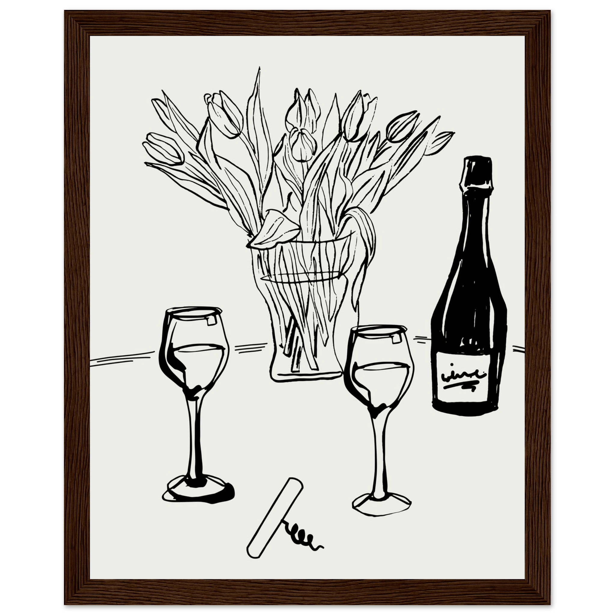 Wine & Tulips Print | Black Line Art Wine Bottle Wall Art | Minimalist Kitchen Poster - Evergreen Posters