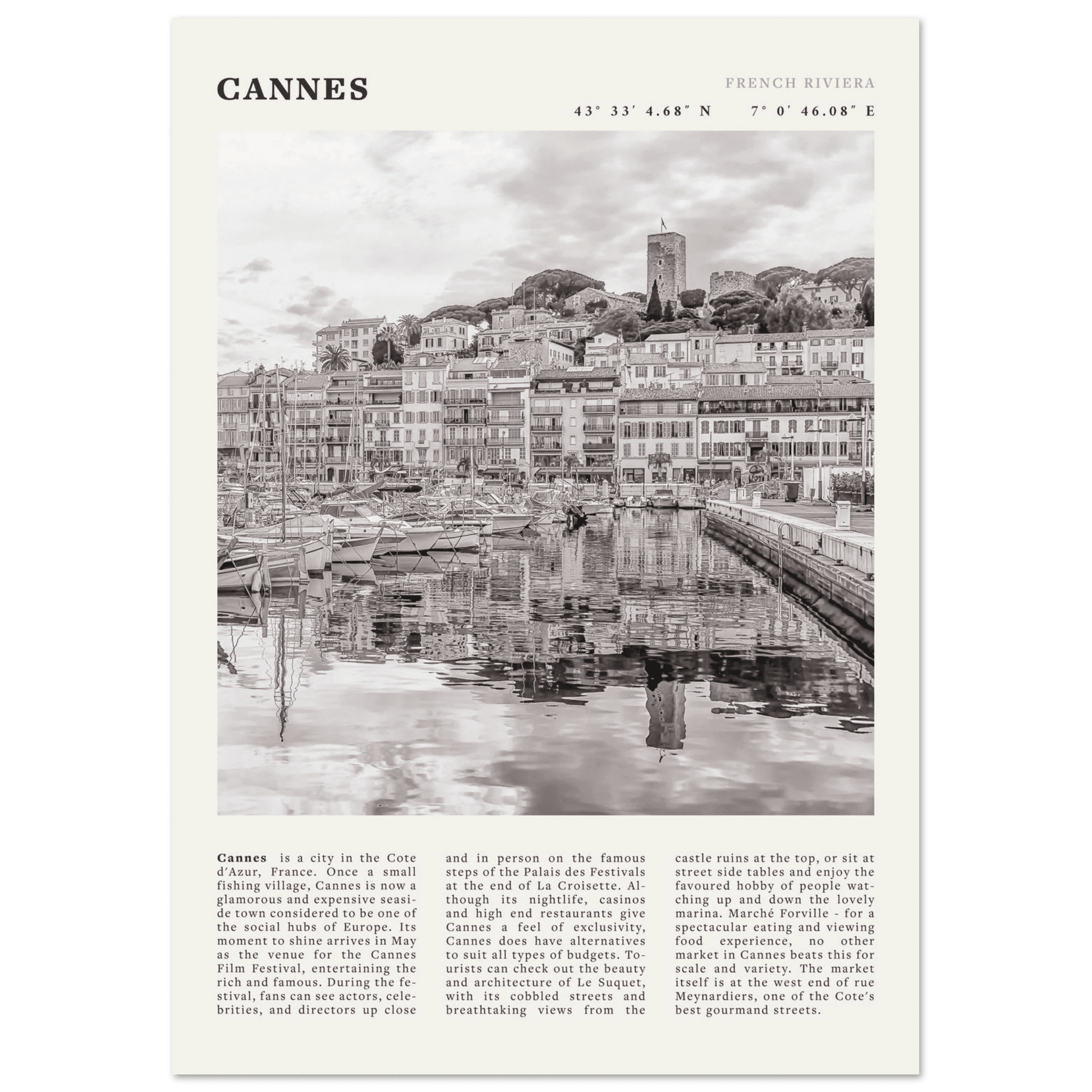 Cannes Poster | Black & White French Riviera Wall Art | France Travel Print - Evergreen Posters