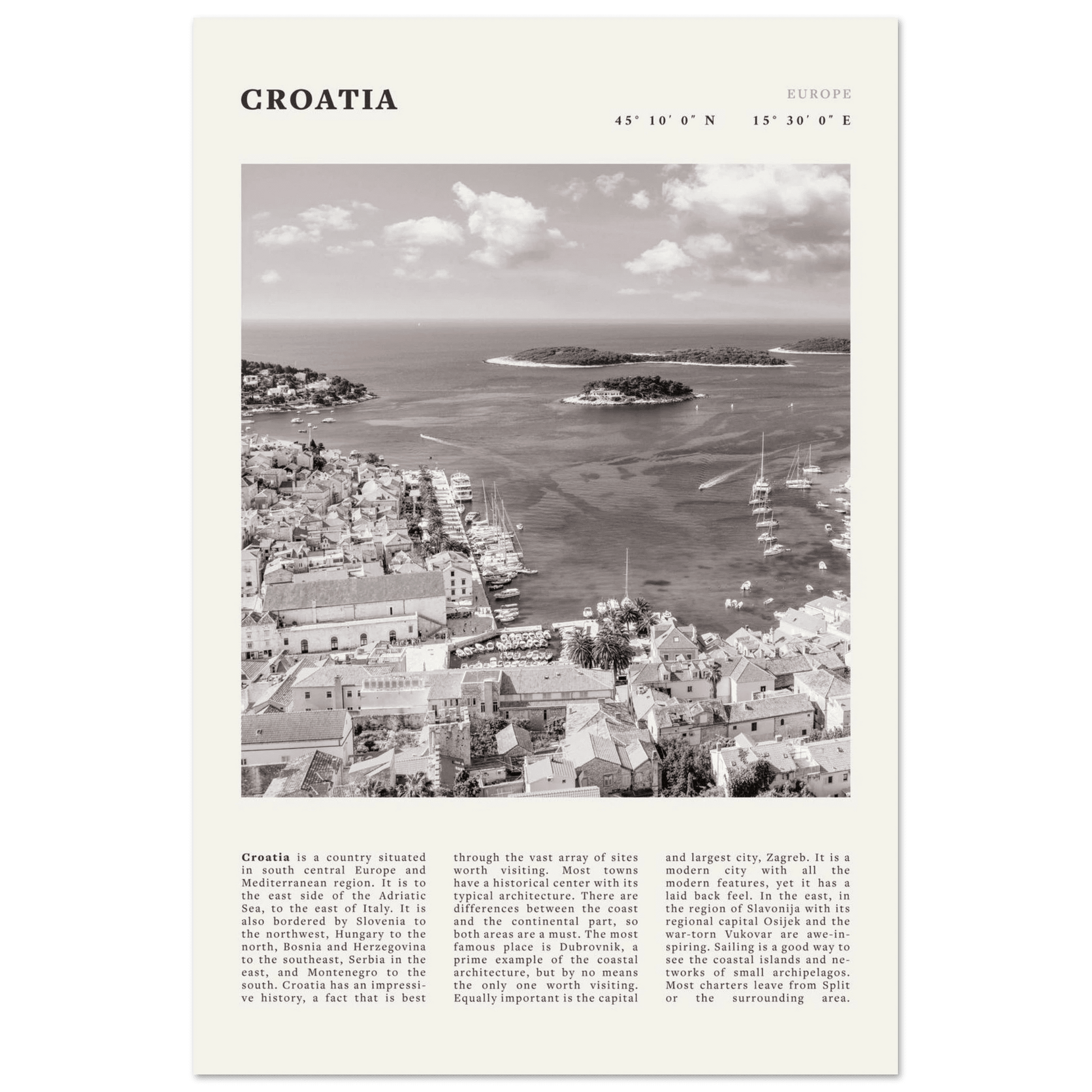 Croatia Poster | Black & White Hvar Island Wall Art | Adriatic Travel Print Decor - Evergreen Posters