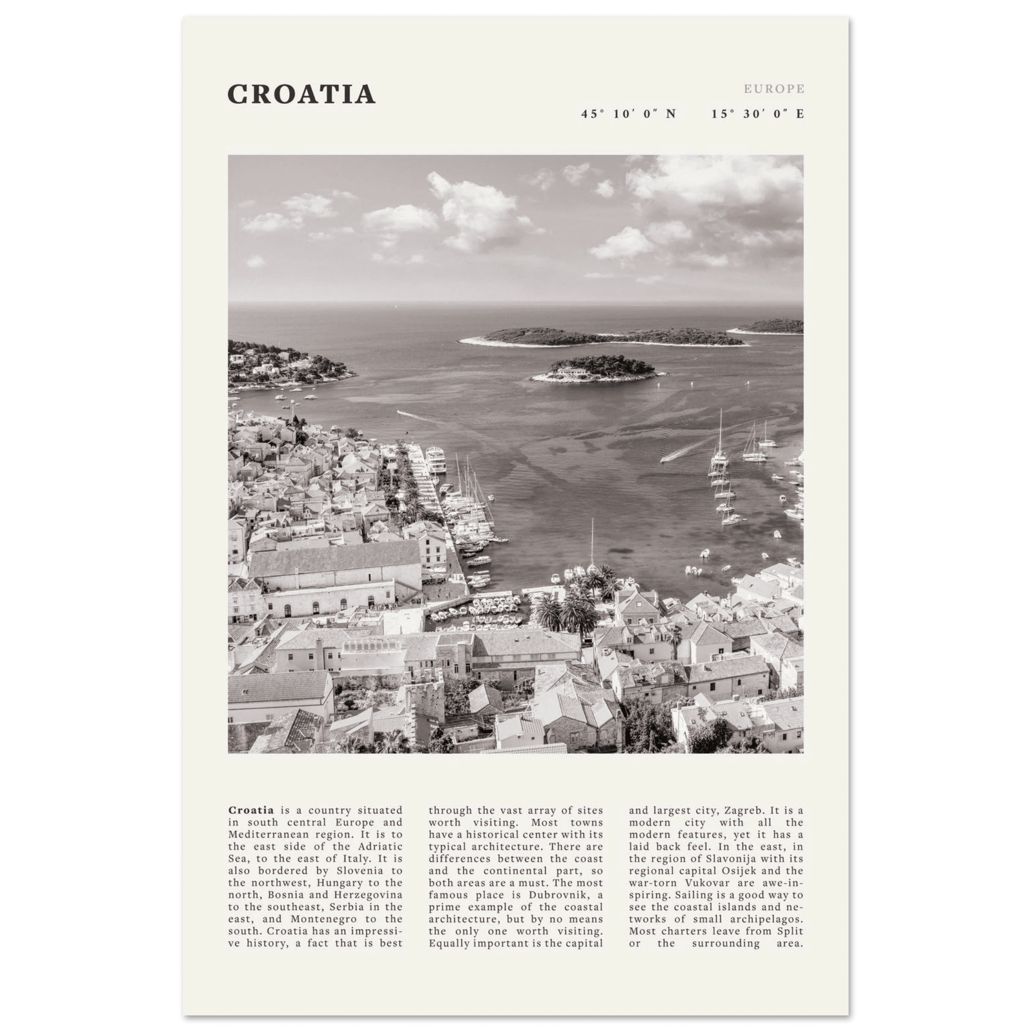 Croatia Poster | Black & White Hvar Island Wall Art | Adriatic Travel Print Decor - Evergreen Posters