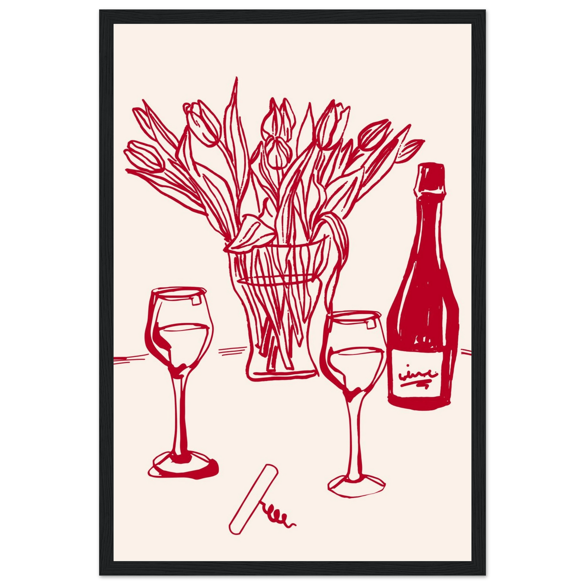 Red Wine & Tulips Print | Line Art Wine Bottle Wall Art | Kitchen Poster - Evergreen Posters