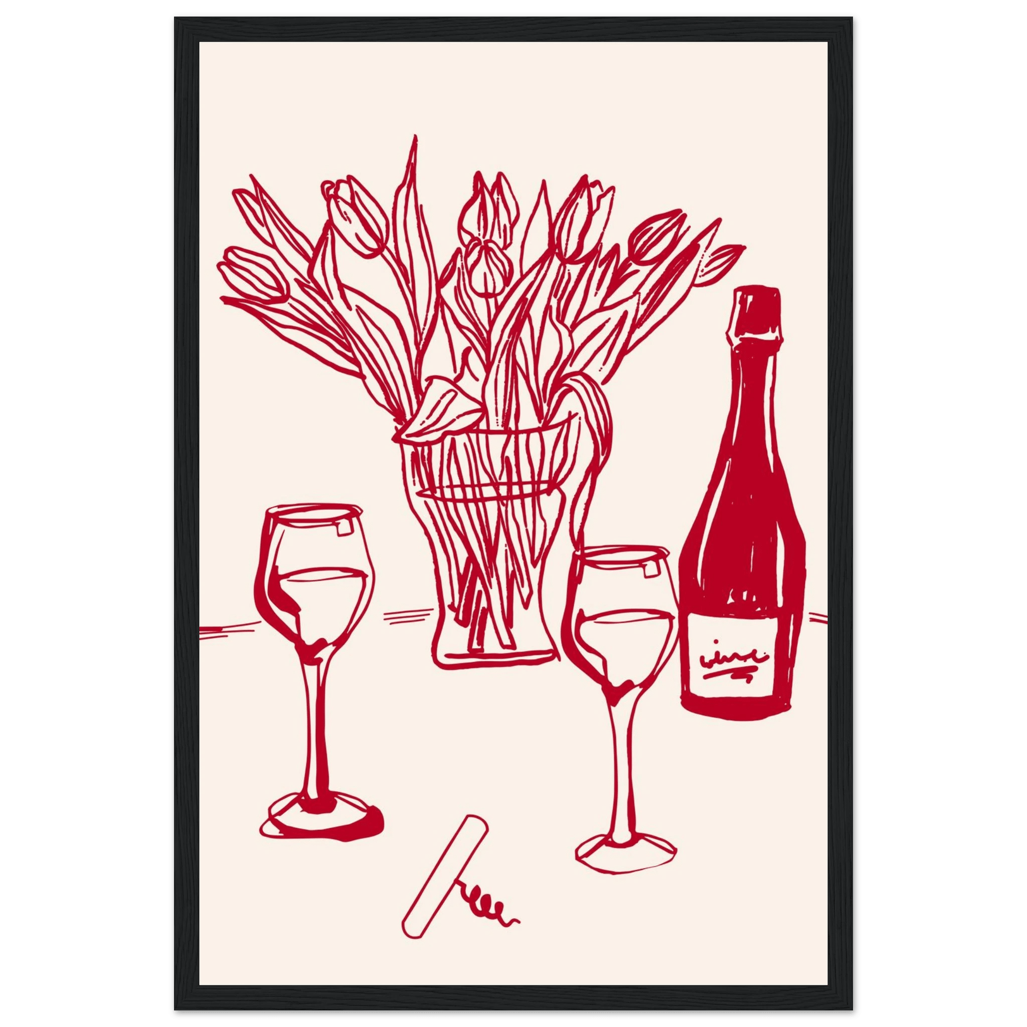 Red Wine & Tulips Print | Line Art Wine Bottle Wall Art | Kitchen Poster - Evergreen Posters