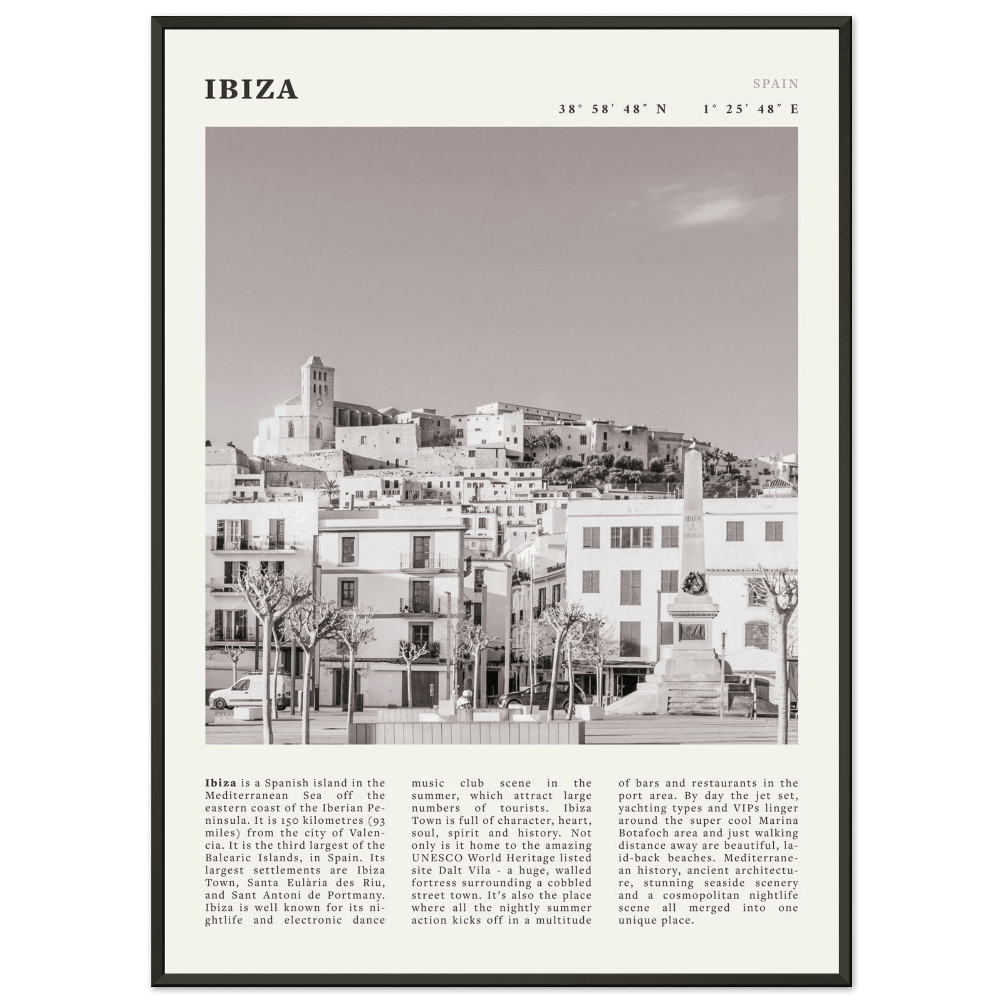 Ibiza Poster | Black & White Spanish Island Wall Art | Spain Travel Print - Evergreen Posters
