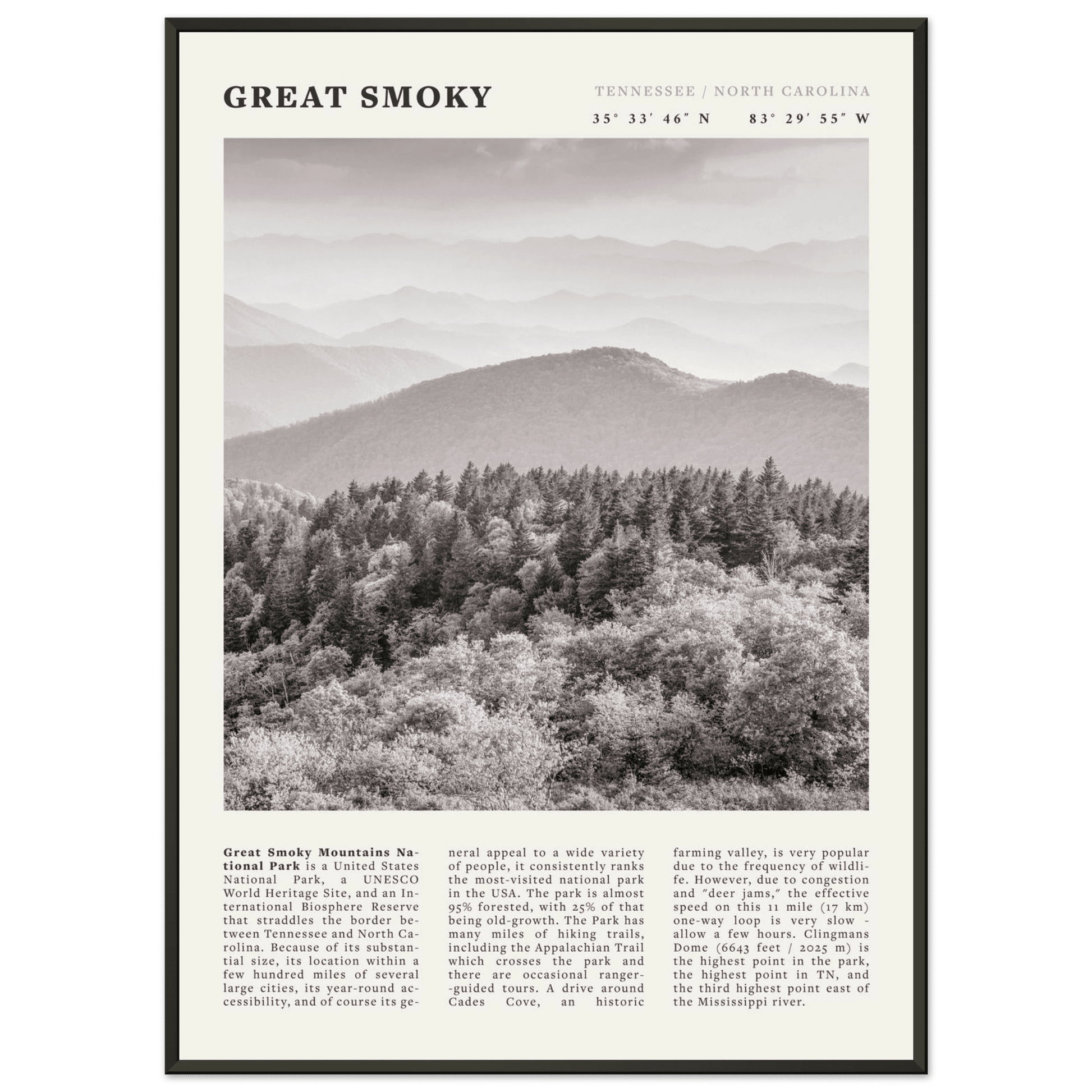 Great Smoky Mountains Poster | Black & White National Park Wall Art | Tennessee Print - Evergreen Posters