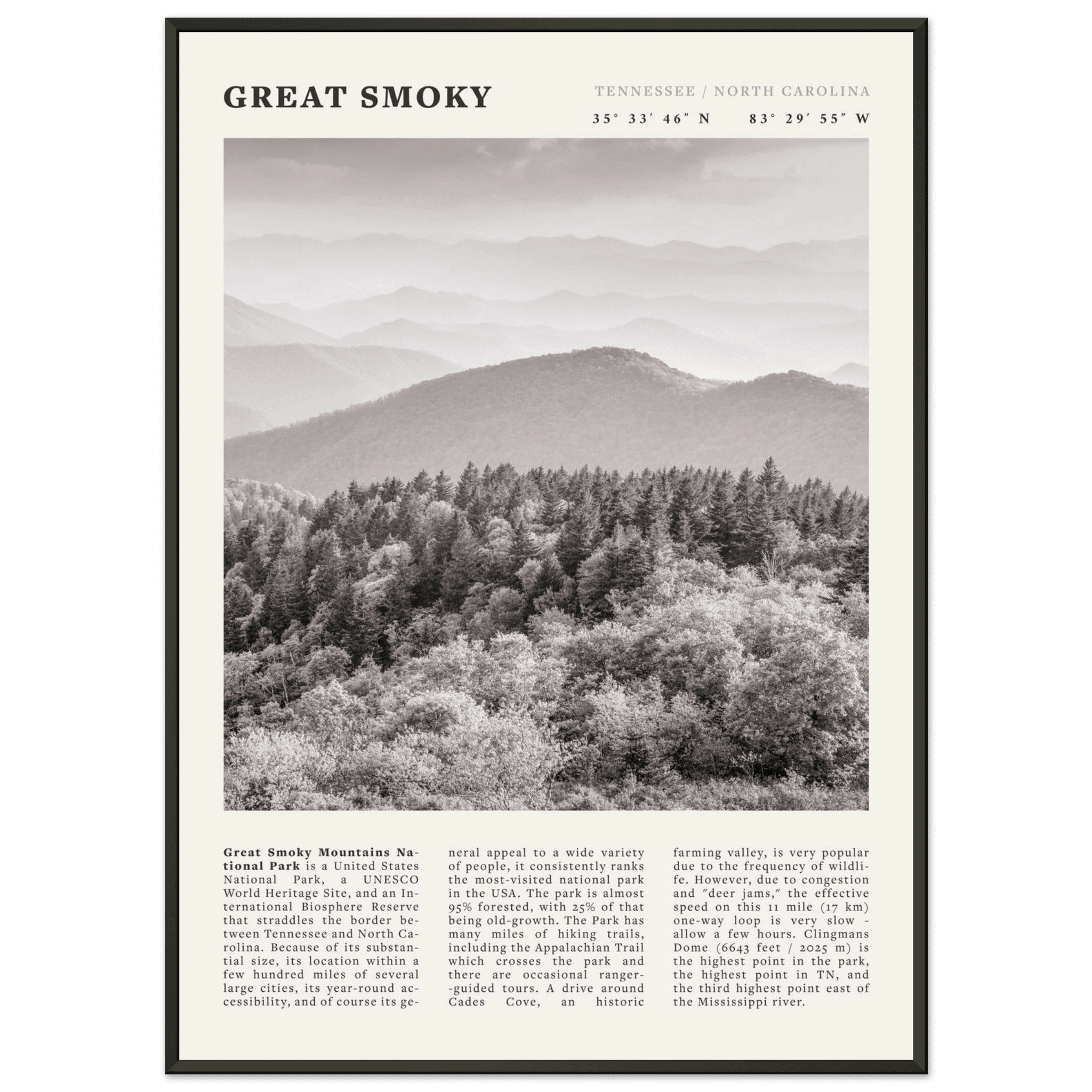 Great Smoky Mountains Poster | Black & White National Park Wall Art | Tennessee Print - Evergreen Posters