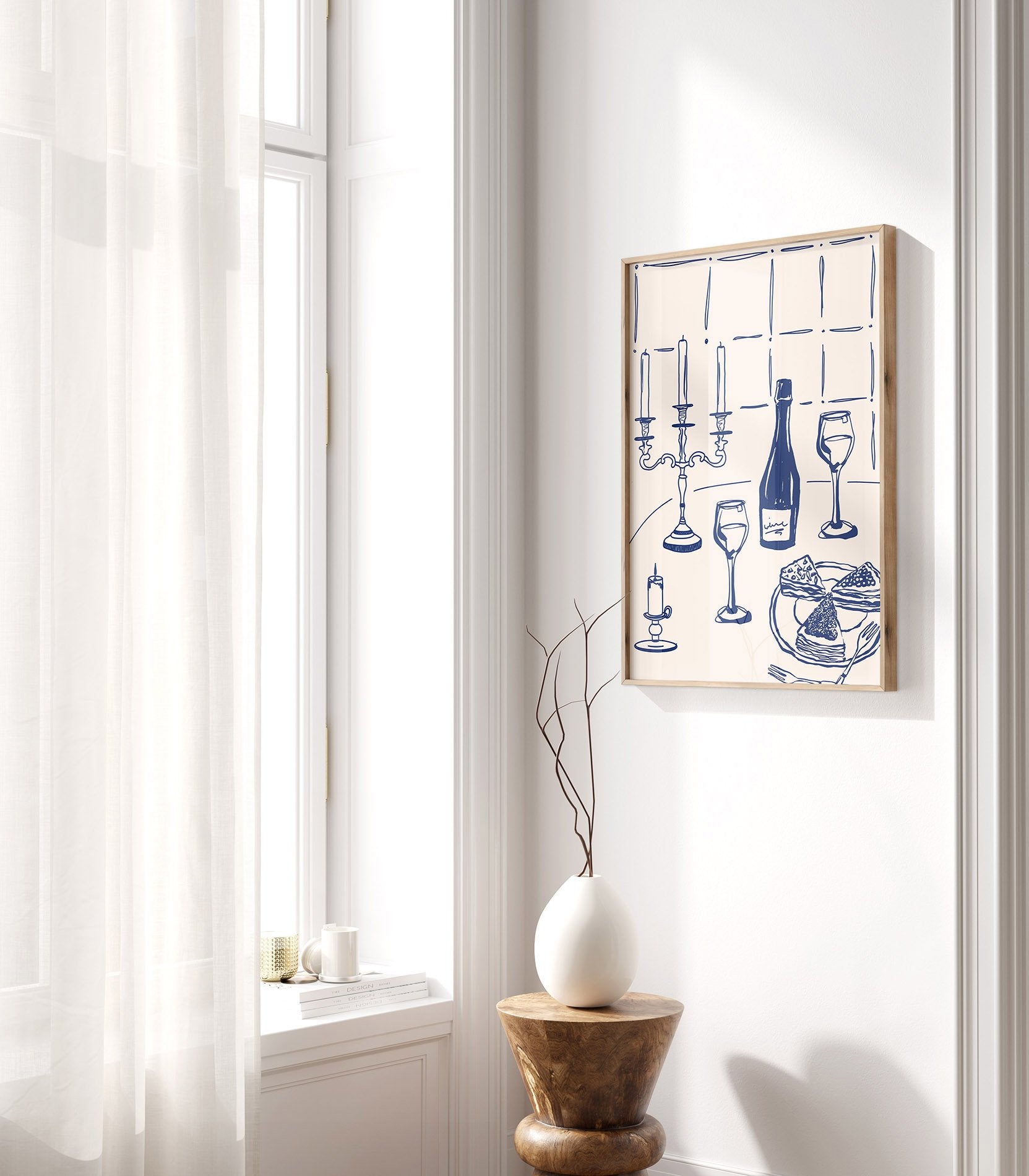 Candlelight Dinner Print | Navy Blue Wine & Candelabra Line Art | Kitchen Poster - Evergreen Posters