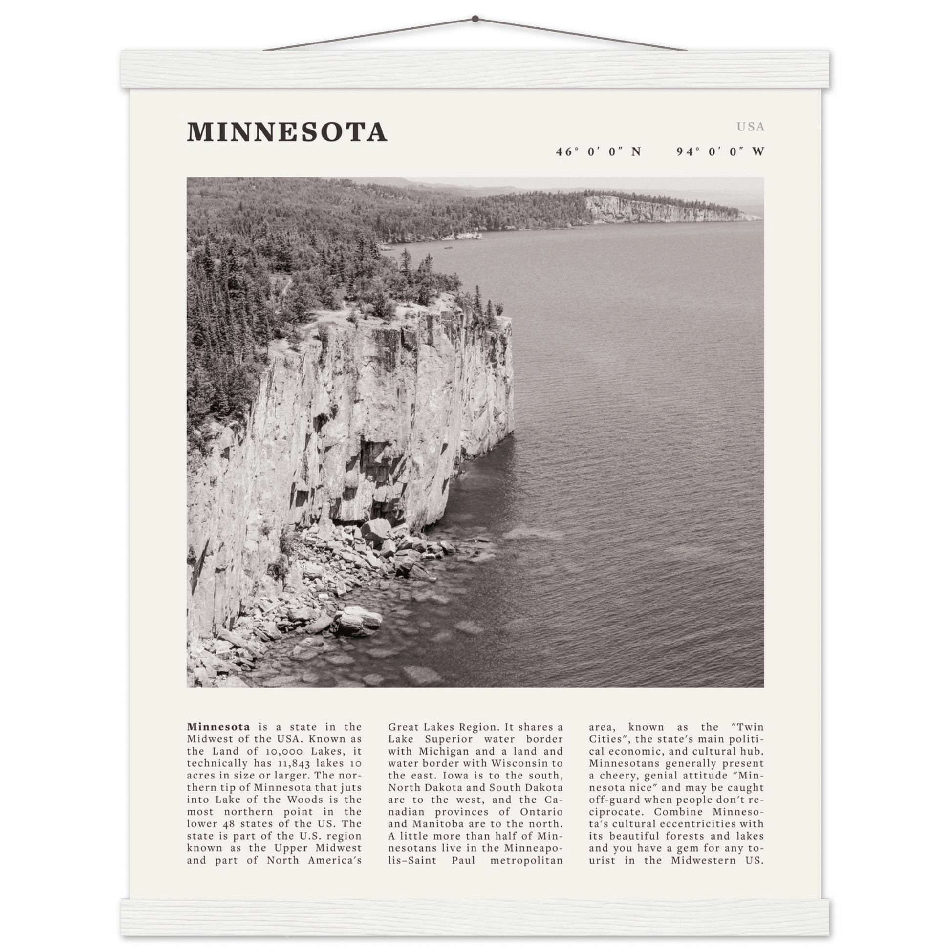 Minnesota Poster | Black & White Lake Superior Wall Art | USA Nature Travel Print - Evergreen Posters