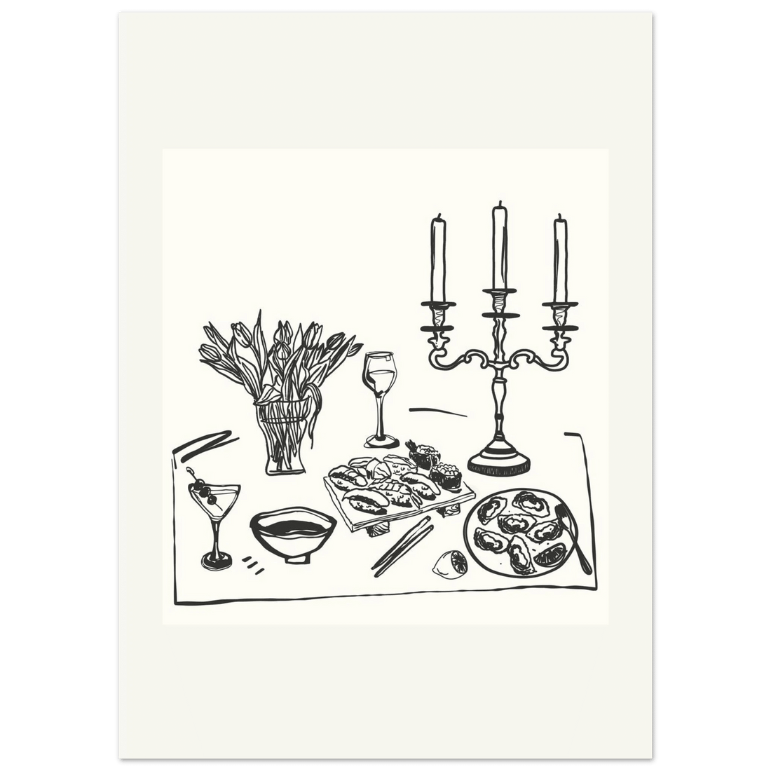 Fine Dining Table Print | Black Line Art Kitchen Wall Art | Elegant Dining Room Poster - Evergreen Posters