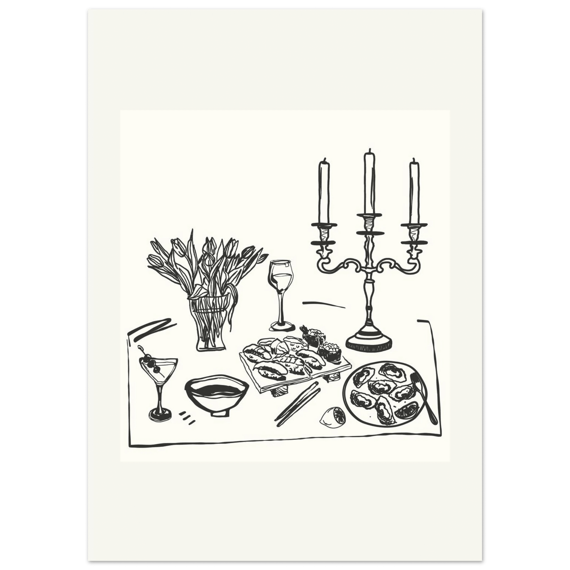 Fine Dining Table Print | Black Line Art Kitchen Wall Art | Elegant Dining Room Poster - Evergreen Posters