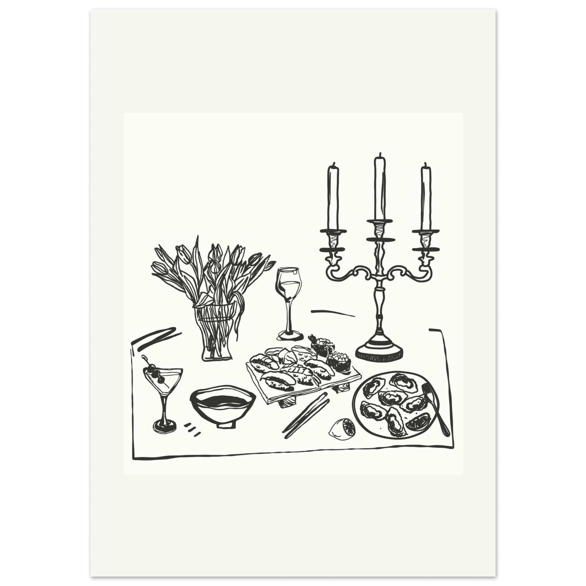 Fine Dining Table Print | Black Line Art Kitchen Wall Art | Elegant Dining Room Poster - Evergreen Posters