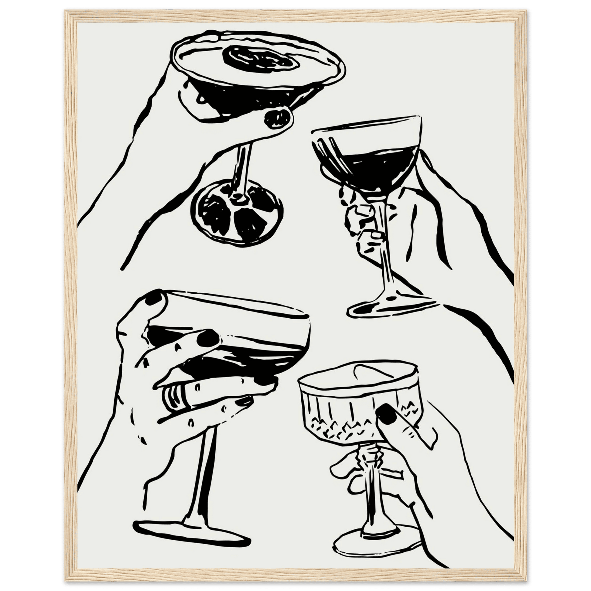 Cheers Print | Black Line Art Cocktail Glasses Wall Art | Kitchen Bar Poster - Evergreen Posters