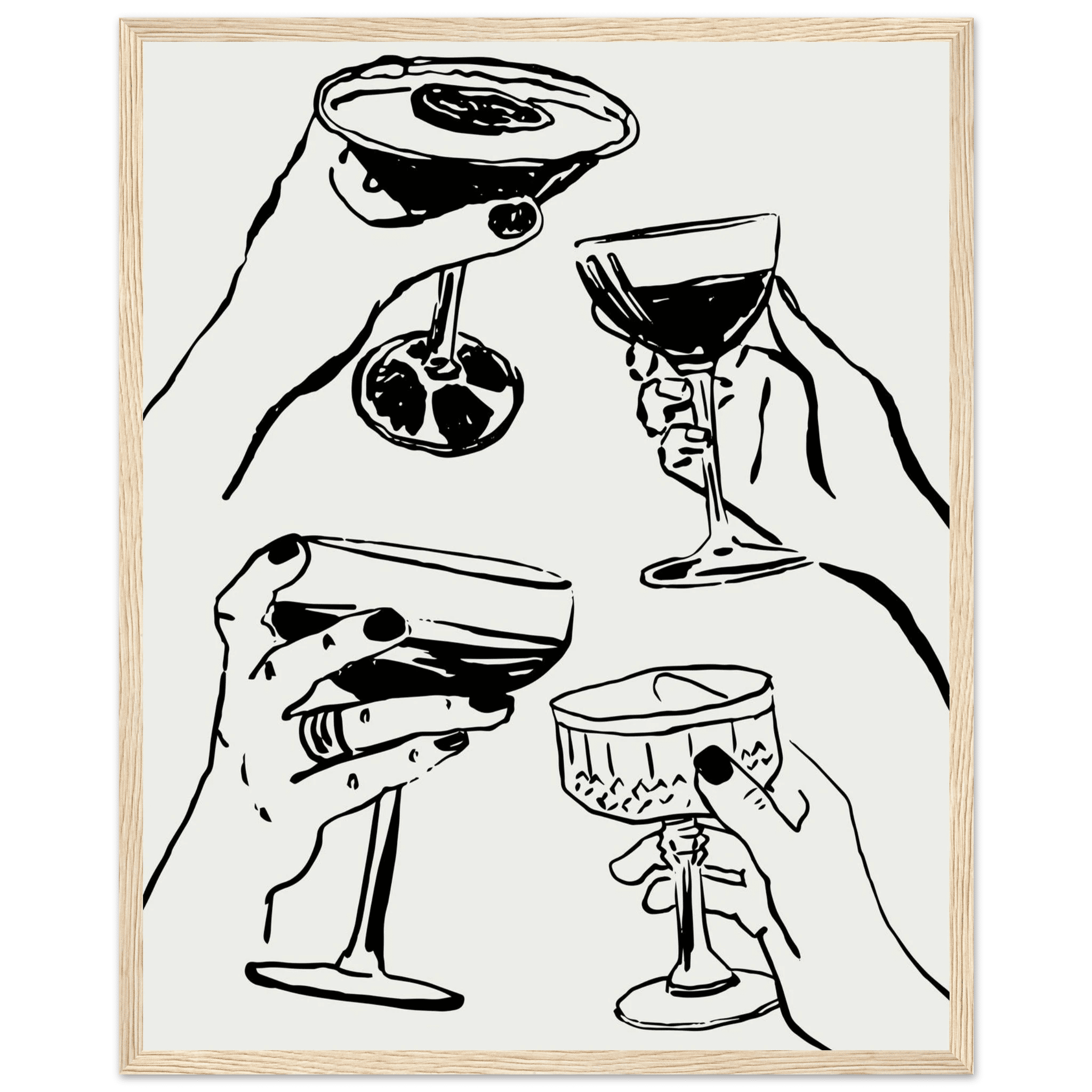 Cheers Print | Black Line Art Cocktail Glasses Wall Art | Kitchen Bar Poster - Evergreen Posters