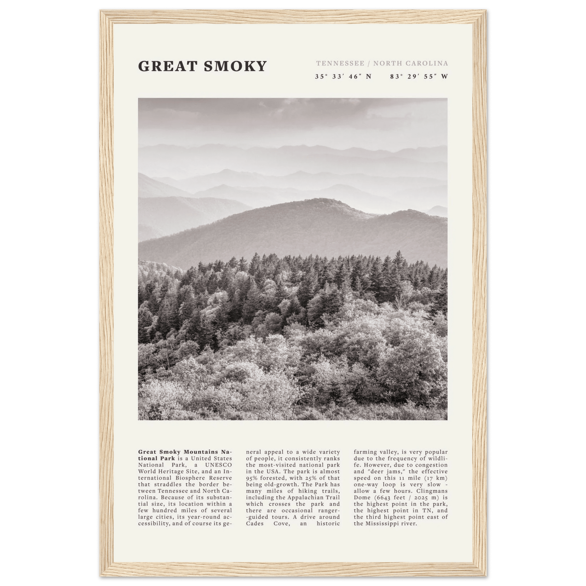 Great Smoky Mountains Poster | Black & White National Park Wall Art | Tennessee Print - Evergreen Posters