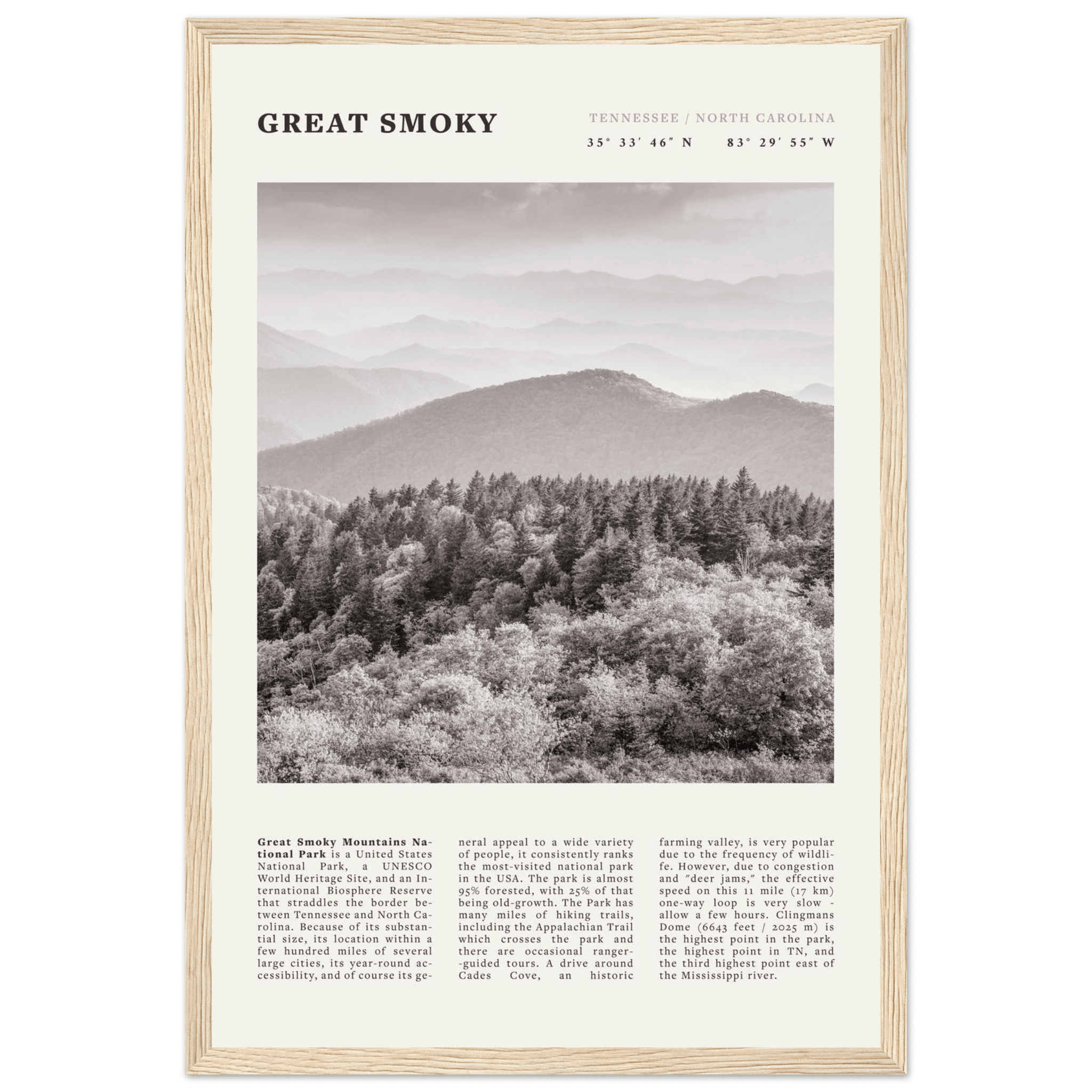Great Smoky Mountains Poster | Black & White National Park Wall Art | Tennessee Print - Evergreen Posters