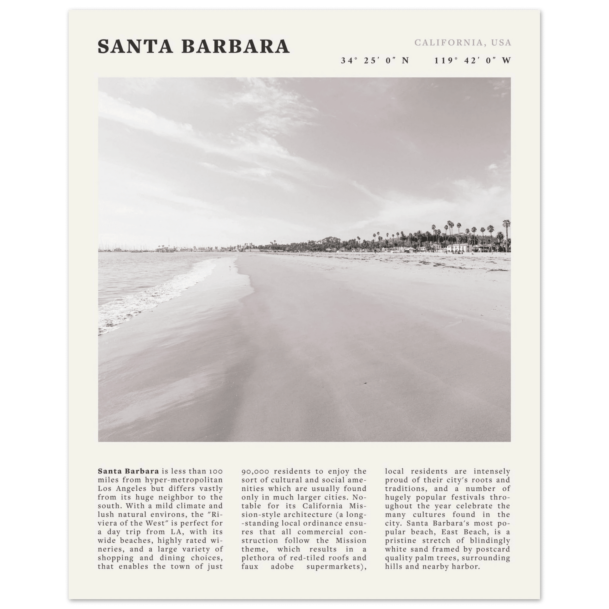 Santa Barbara Poster | Black & White California Beach Wall Art | CA Travel Print - Evergreen Posters