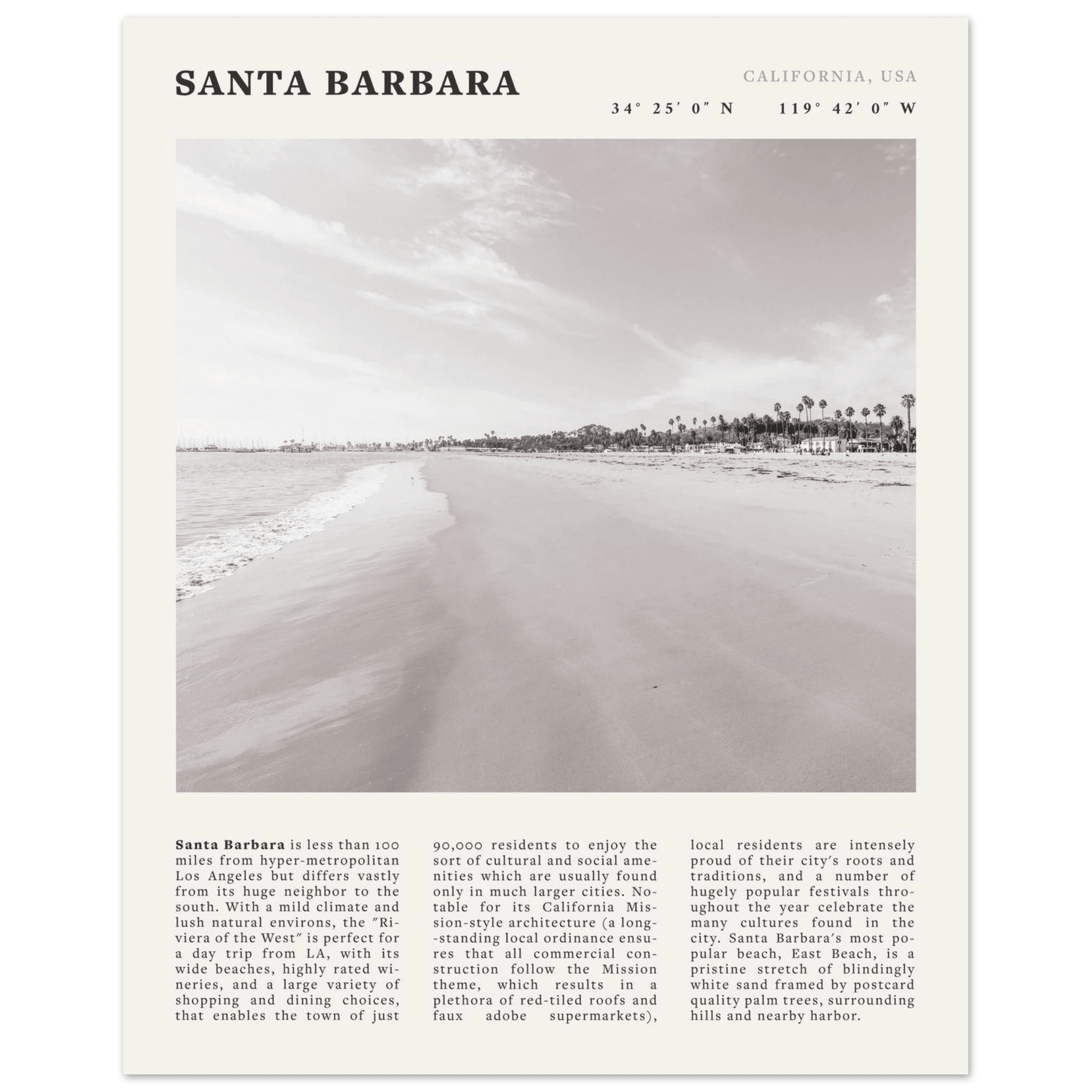 Santa Barbara Poster | Black & White California Beach Wall Art | CA Travel Print - Evergreen Posters