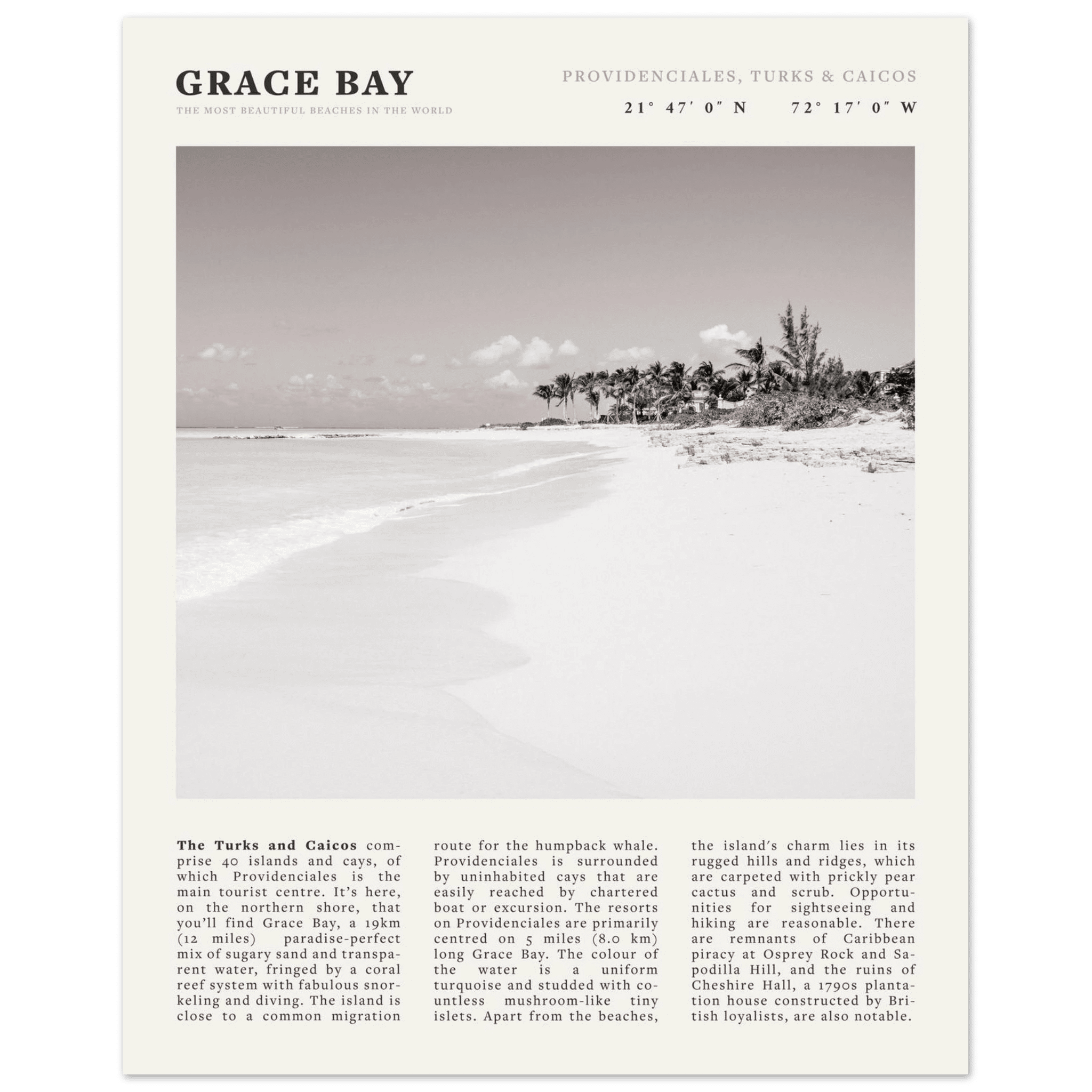 Grace Bay Poster | Black & White Turks & Caicos Wall Art | Caribbean Beach Print - Evergreen Posters