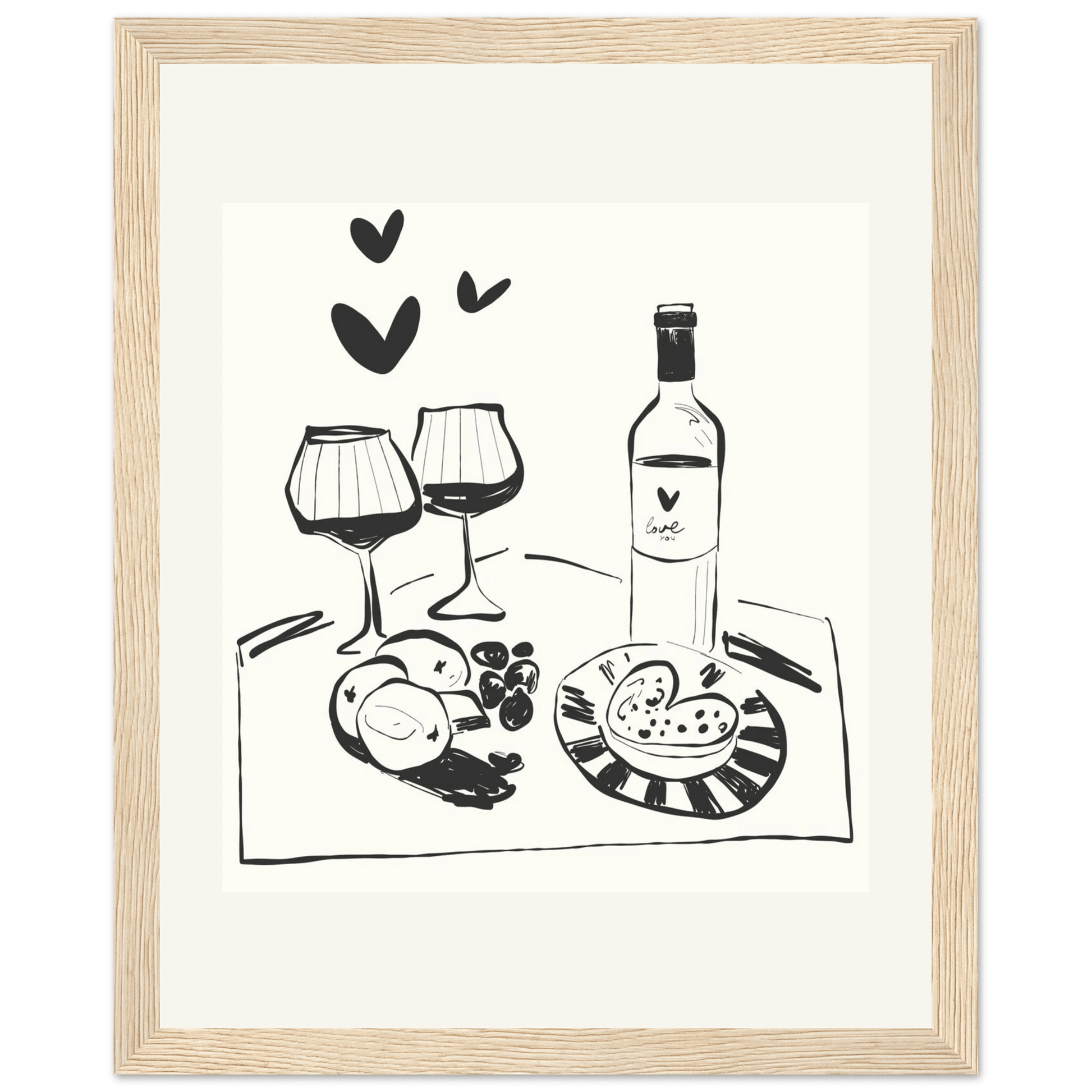 Wine for Two Print | Black Line Art Romantic Kitchen Wall Art | Couples Poster - Evergreen Posters