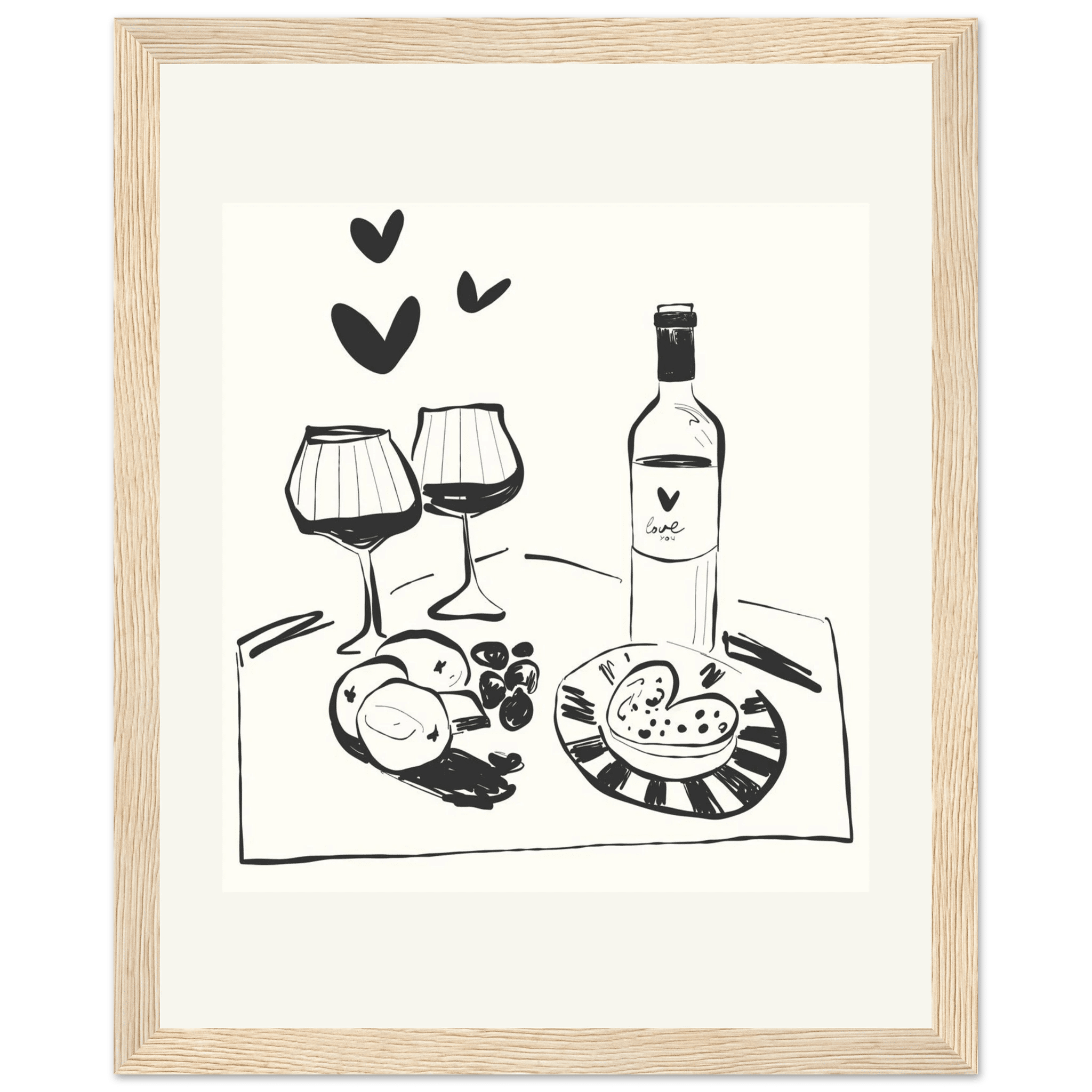 Wine for Two Print | Black Line Art Romantic Kitchen Wall Art | Couples Poster - Evergreen Posters