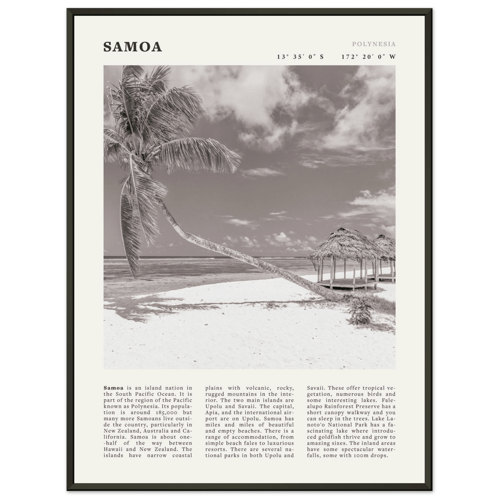 Samoa Poster | Black & White South Pacific Beach Wall Art | Polynesia Travel Print - Evergreen Posters